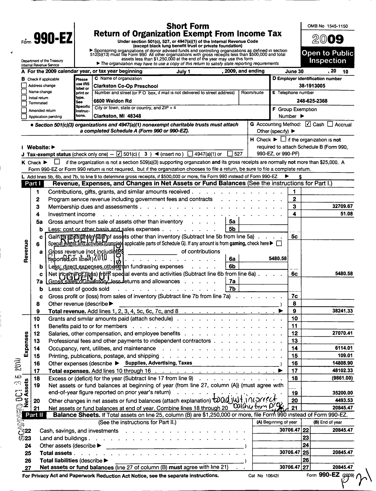 Image of first page of 2009 Form 990EZ for Clarkston Co-Op Preschool