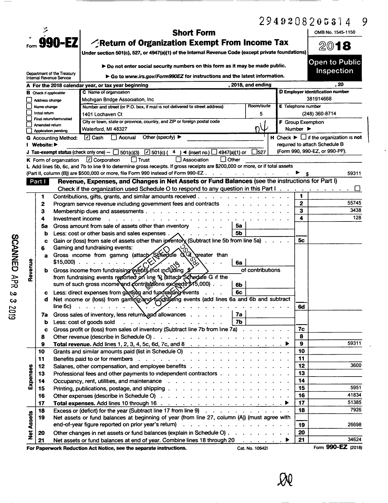 Image of first page of 2018 Form 990EO for Michigan Bridge Association