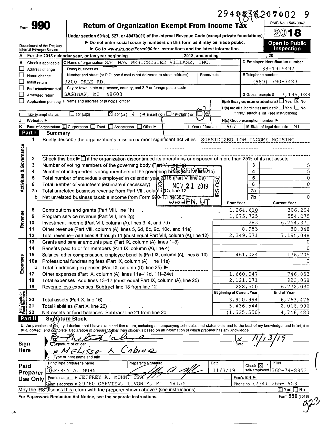 Image of first page of 2018 Form 990O for Saginaw Westchester Village