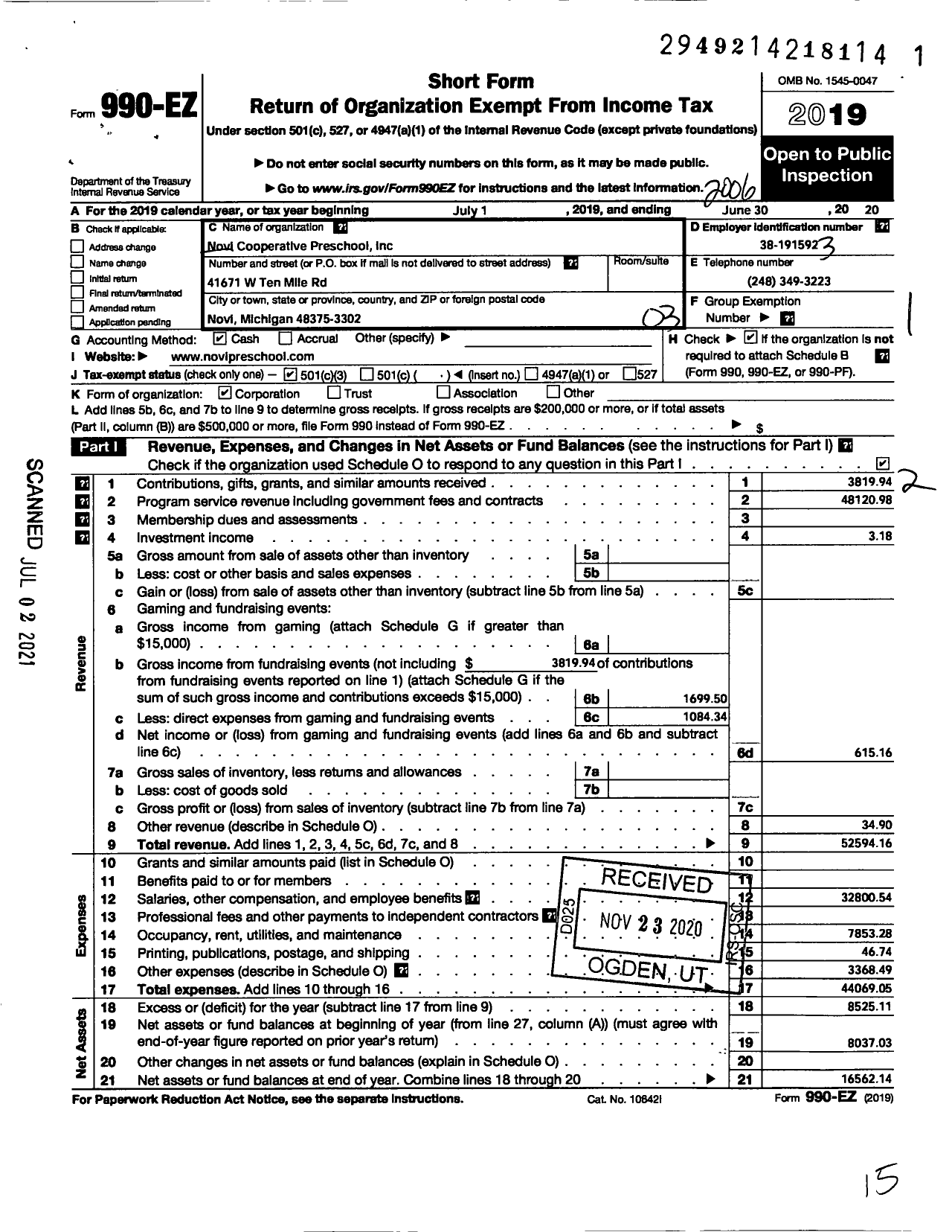 Image of first page of 2019 Form 990EZ for Novi Cooperative Preschool