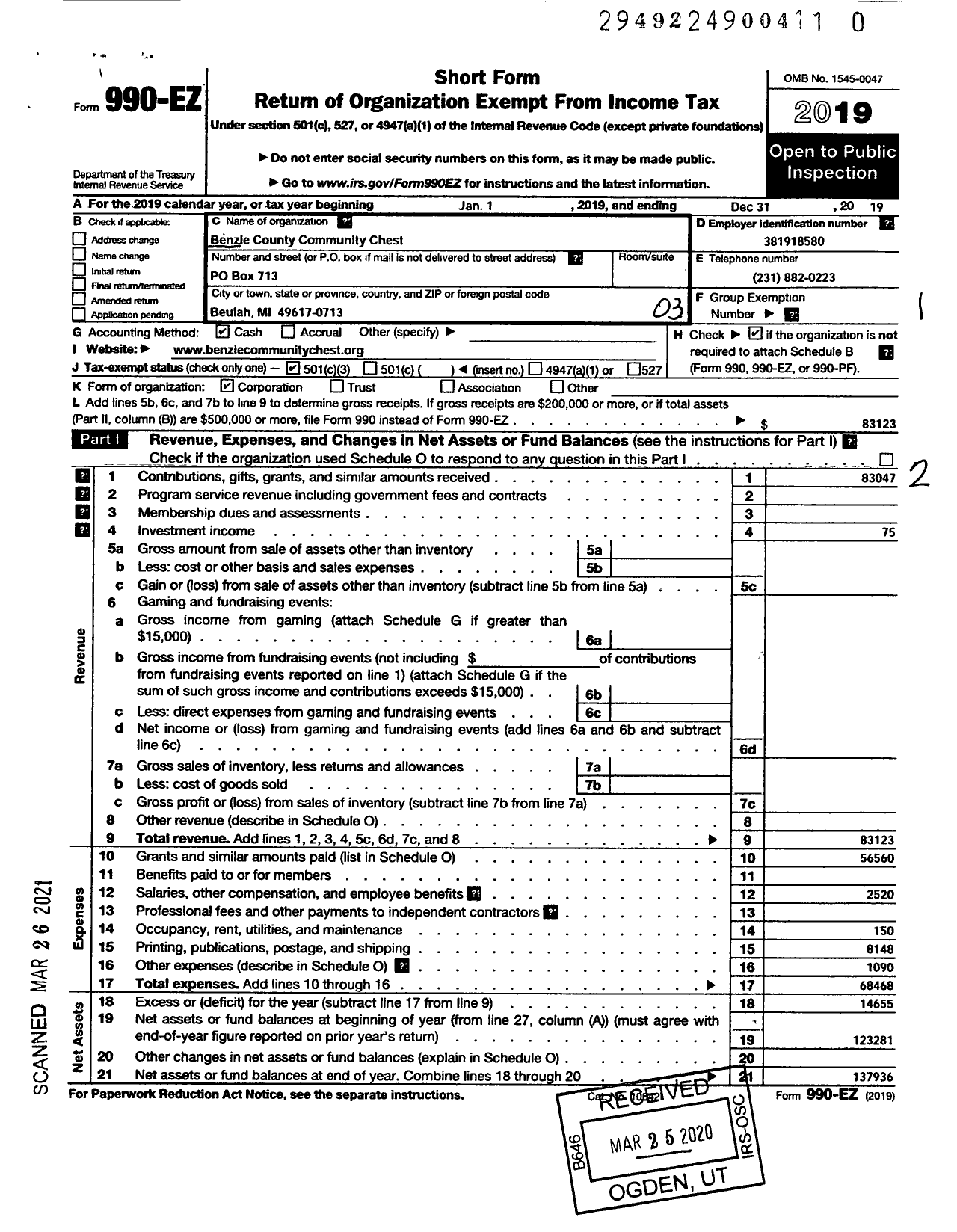 Image of first page of 2019 Form 990EZ for Benzie County Community Chest