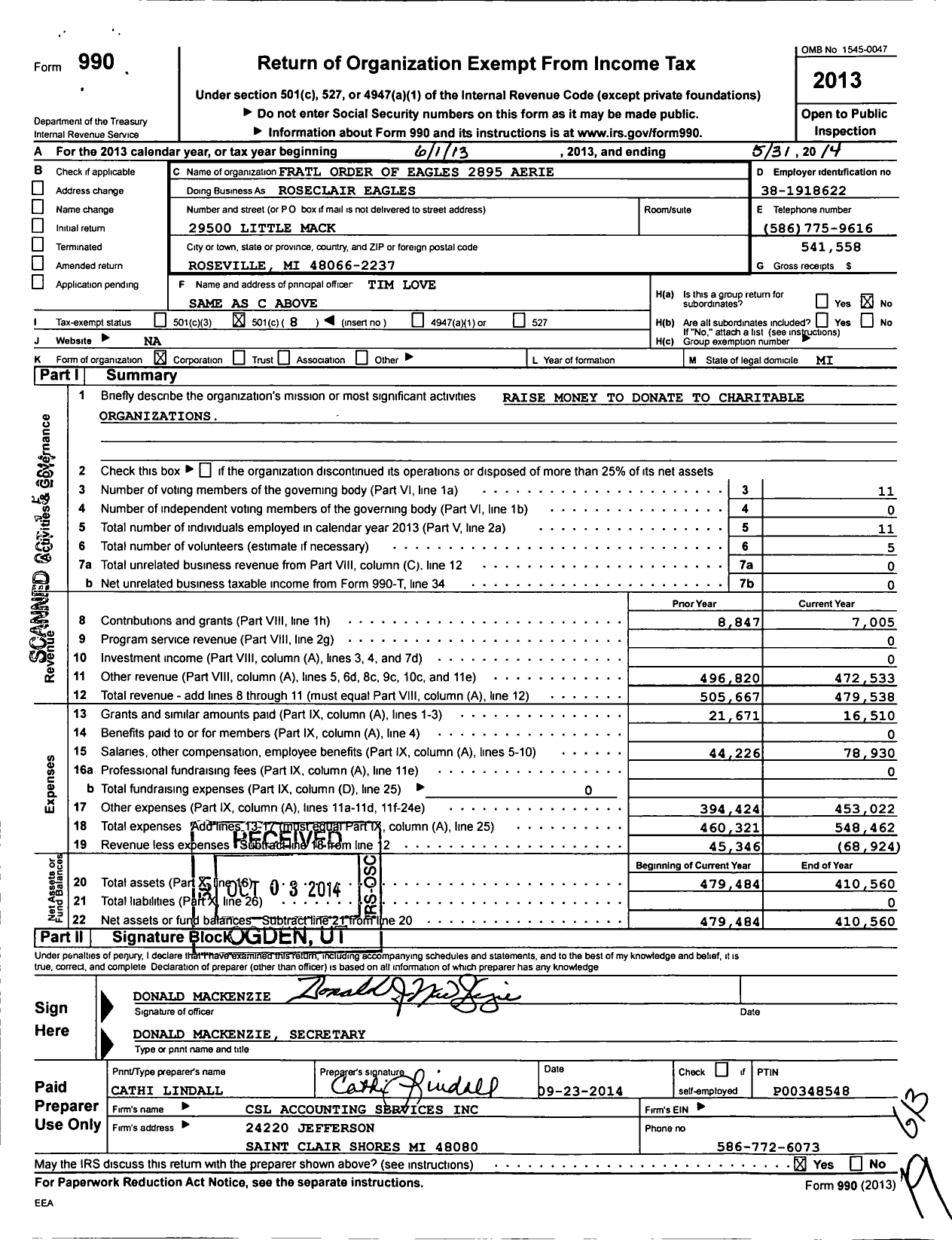 Image of first page of 2013 Form 990O for Fraternal Order of Eagles - Roseclair Eagles