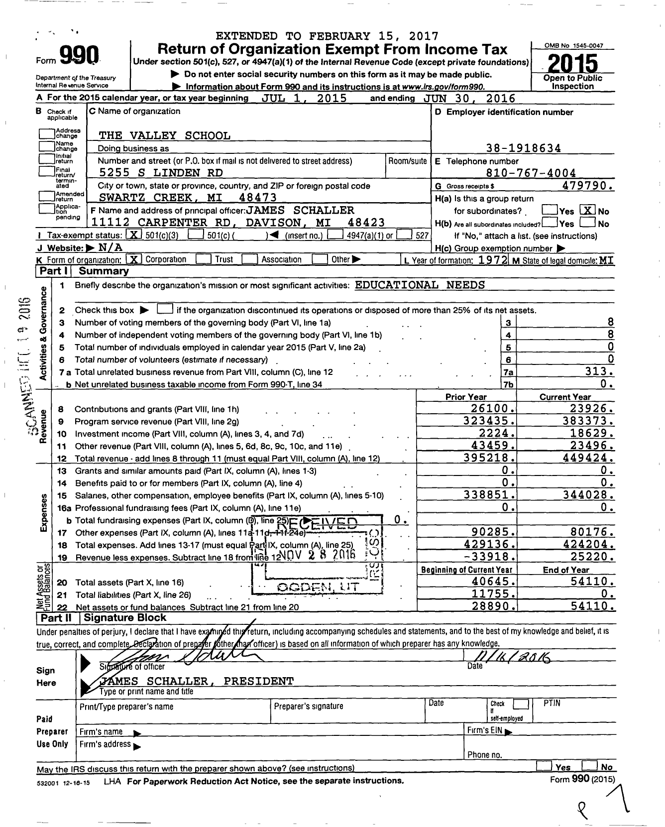 Image of first page of 2015 Form 990 for The Valley School