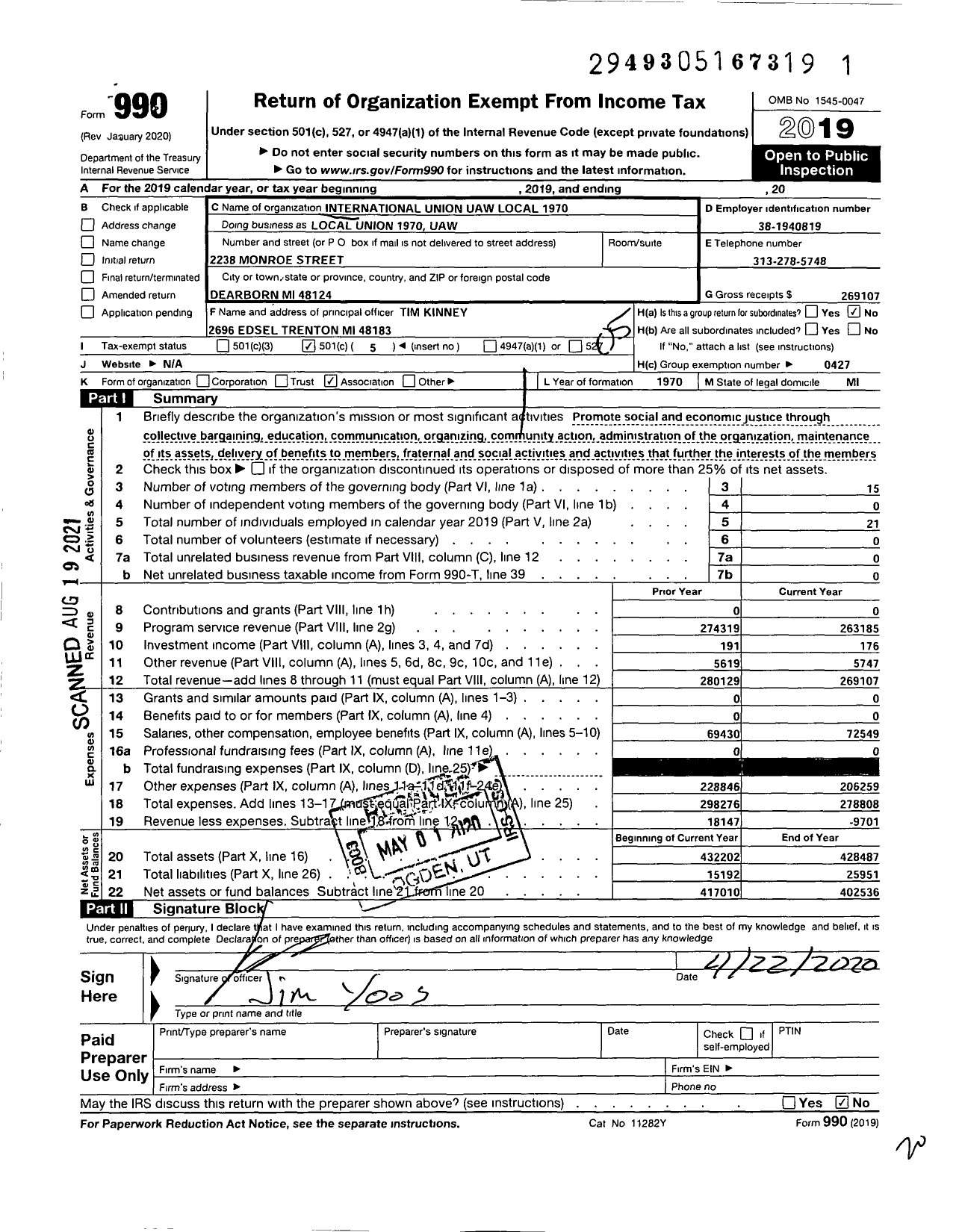 Image of first page of 2019 Form 990O for Uaw - Local Union 1970 Uaw