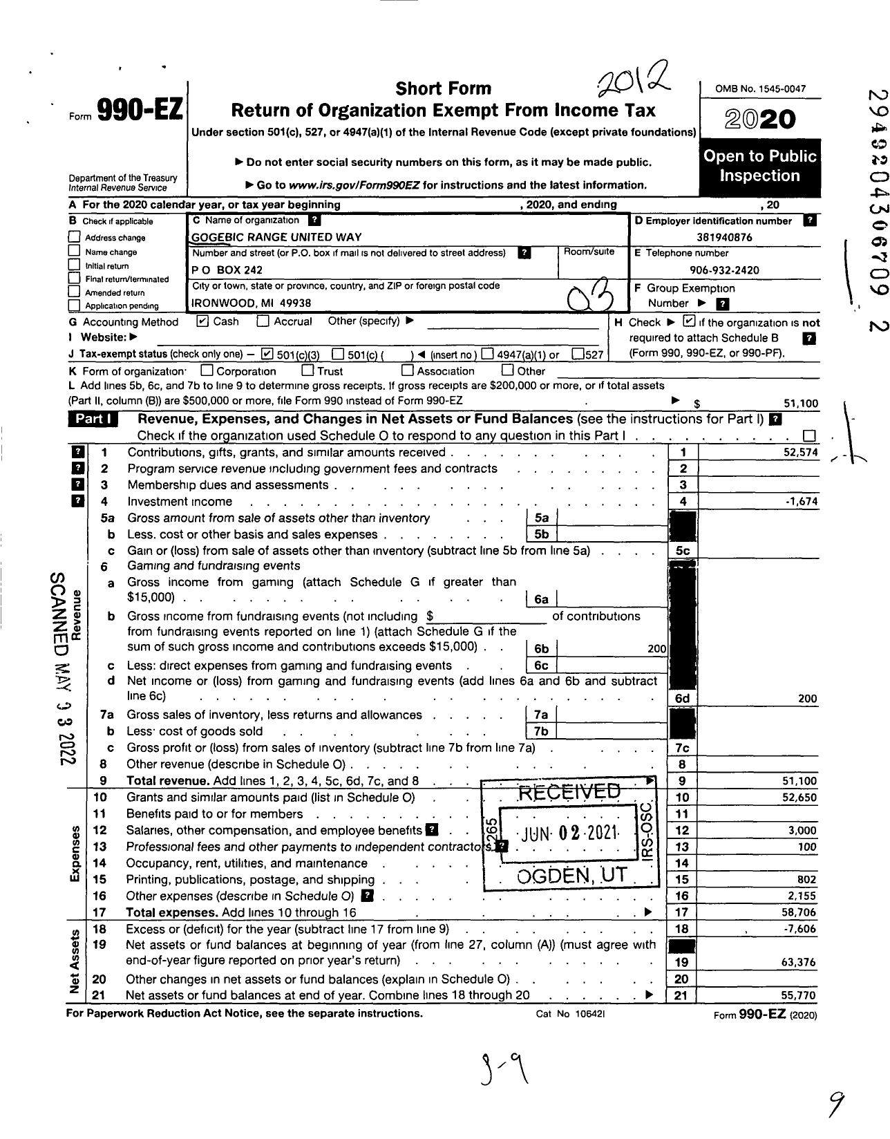 Image of first page of 2020 Form 990EZ for Gogebic Range United Way