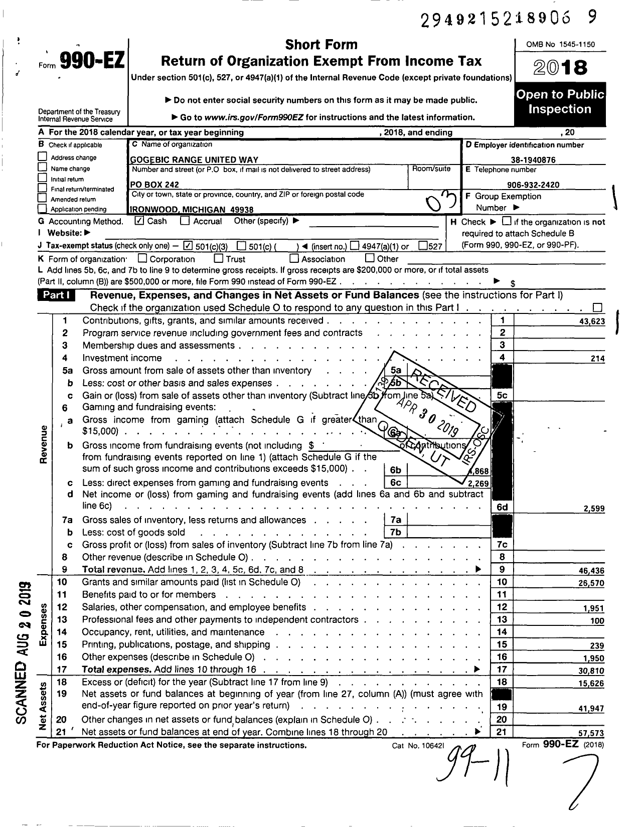 Image of first page of 2018 Form 990EZ for Gogebic Range United Way