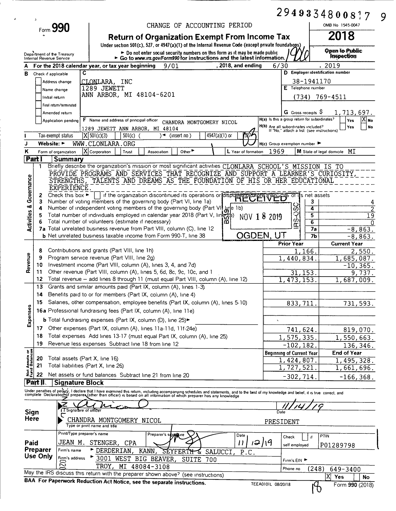 Image of first page of 2018 Form 990 for Clonlara