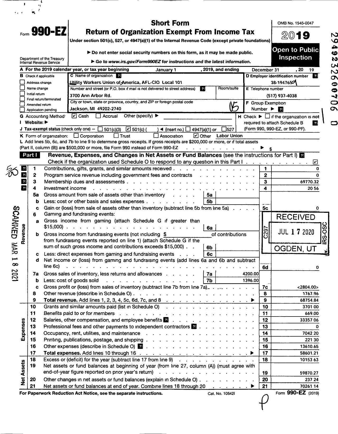 Image of first page of 2019 Form 990EO for UTILITY WORKERS UNION OF AMERICA - 101 Uwua