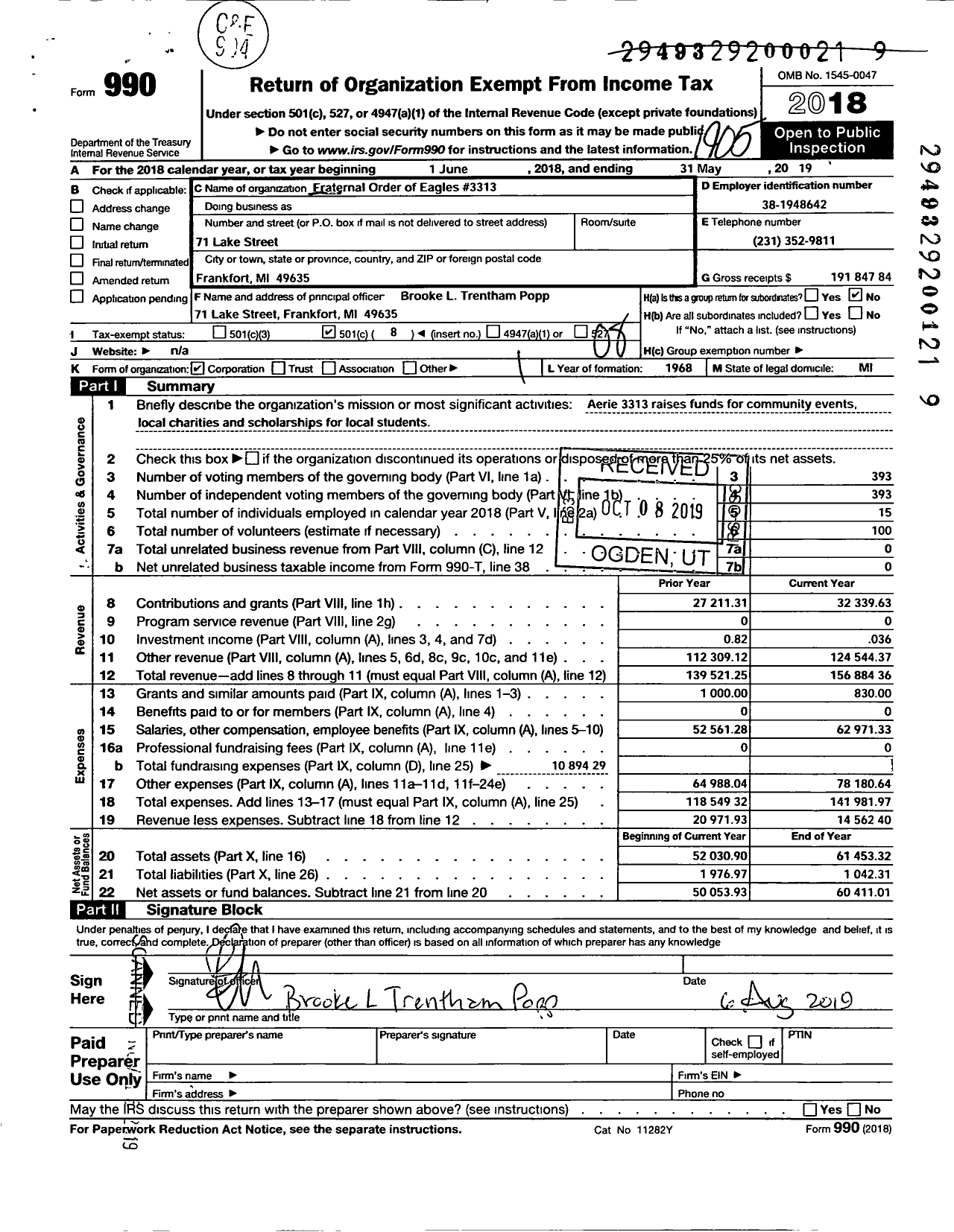 Image of first page of 2018 Form 990O for Fraternal Order of Eagles - 3313 Aerie