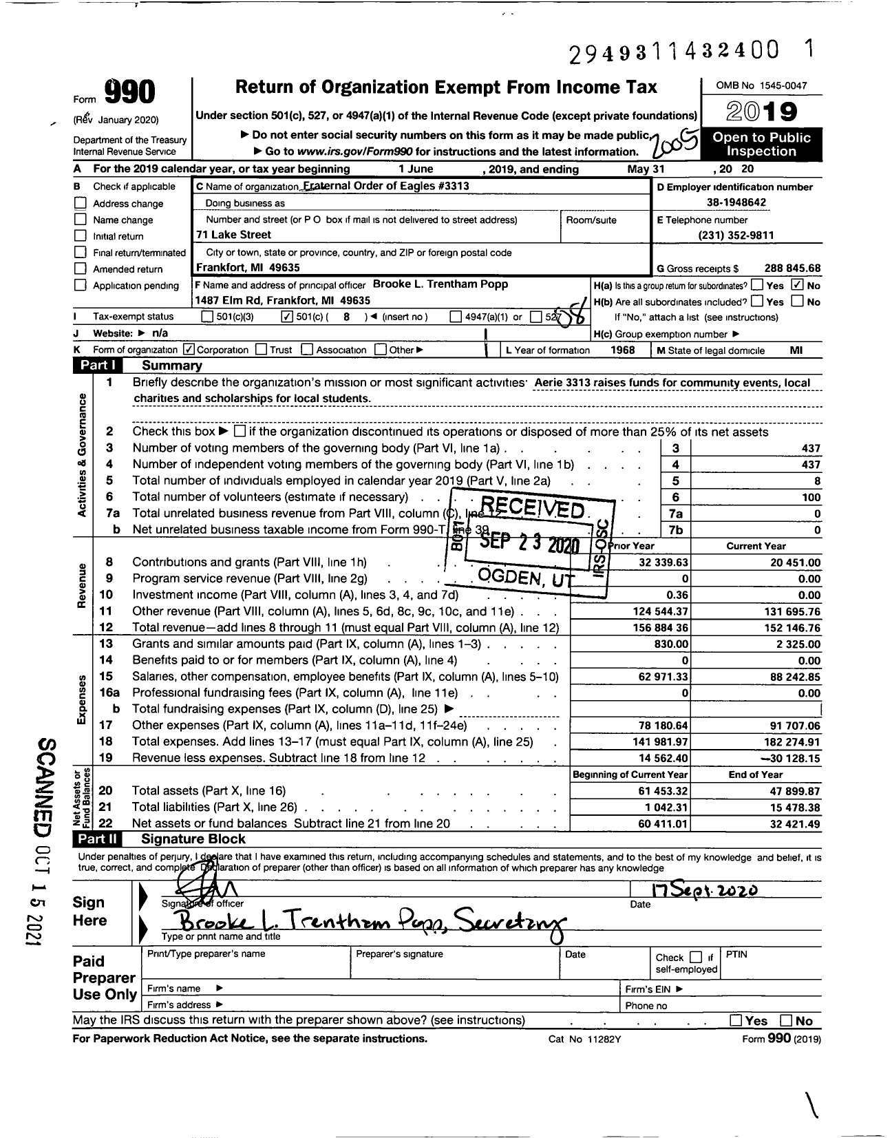 Image of first page of 2019 Form 990O for Fraternal Order of Eagles - 3313 Aerie