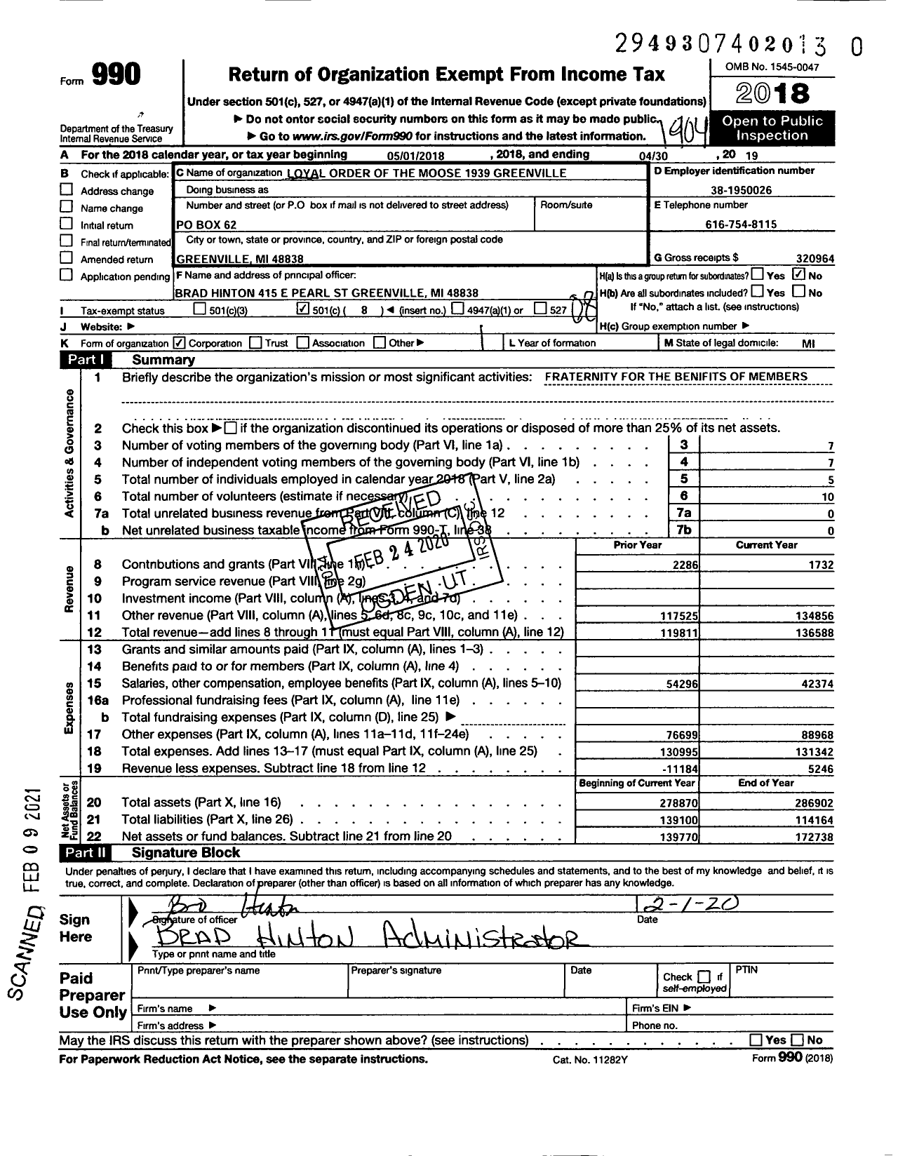Image of first page of 2018 Form 990O for Loyal Order of Moose - Loyal Order of the Moose Greenville 1939