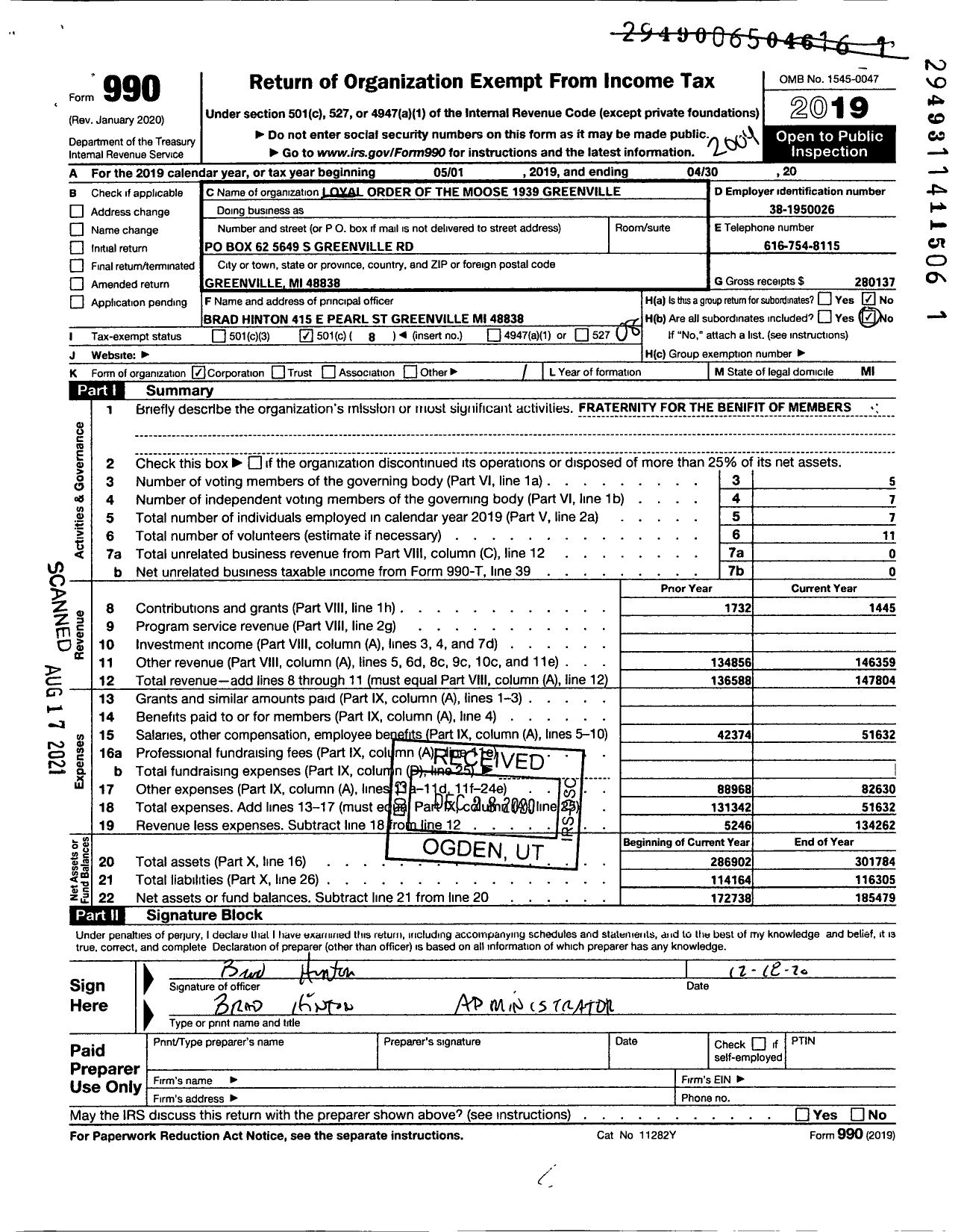Image of first page of 2019 Form 990O for Loyal Order of Moose - Loyal Order of the Moose Greenville 1939
