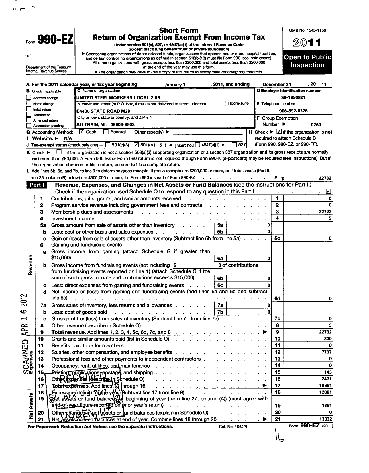 Image of first page of 2011 Form 990EO for United Steelworkers - 2-00096 Local