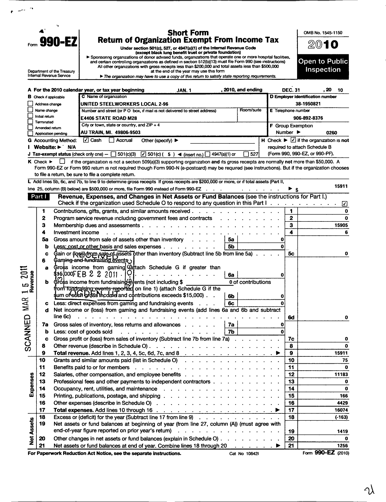 Image of first page of 2010 Form 990EO for United Steelworkers - 2-00096 Local