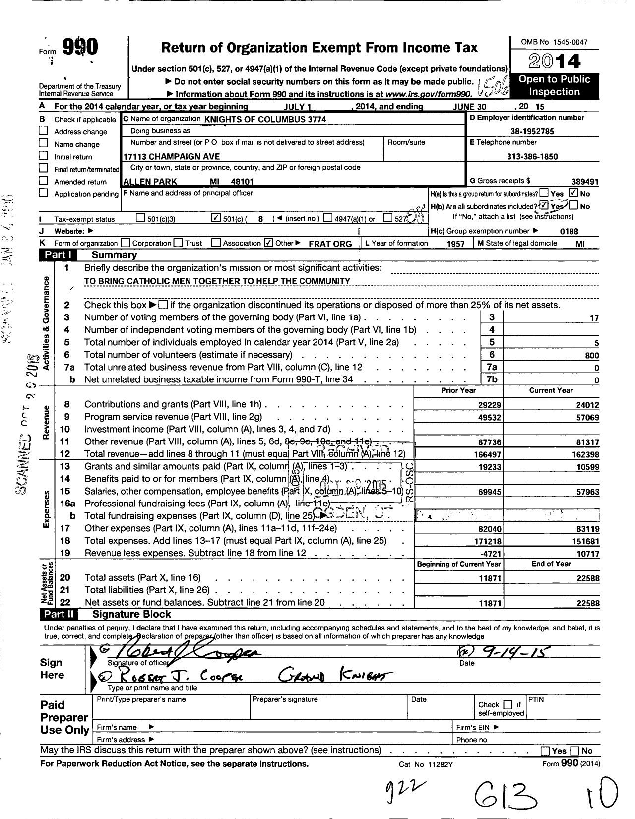 Image of first page of 2014 Form 990O for Knights of Columbus 3774