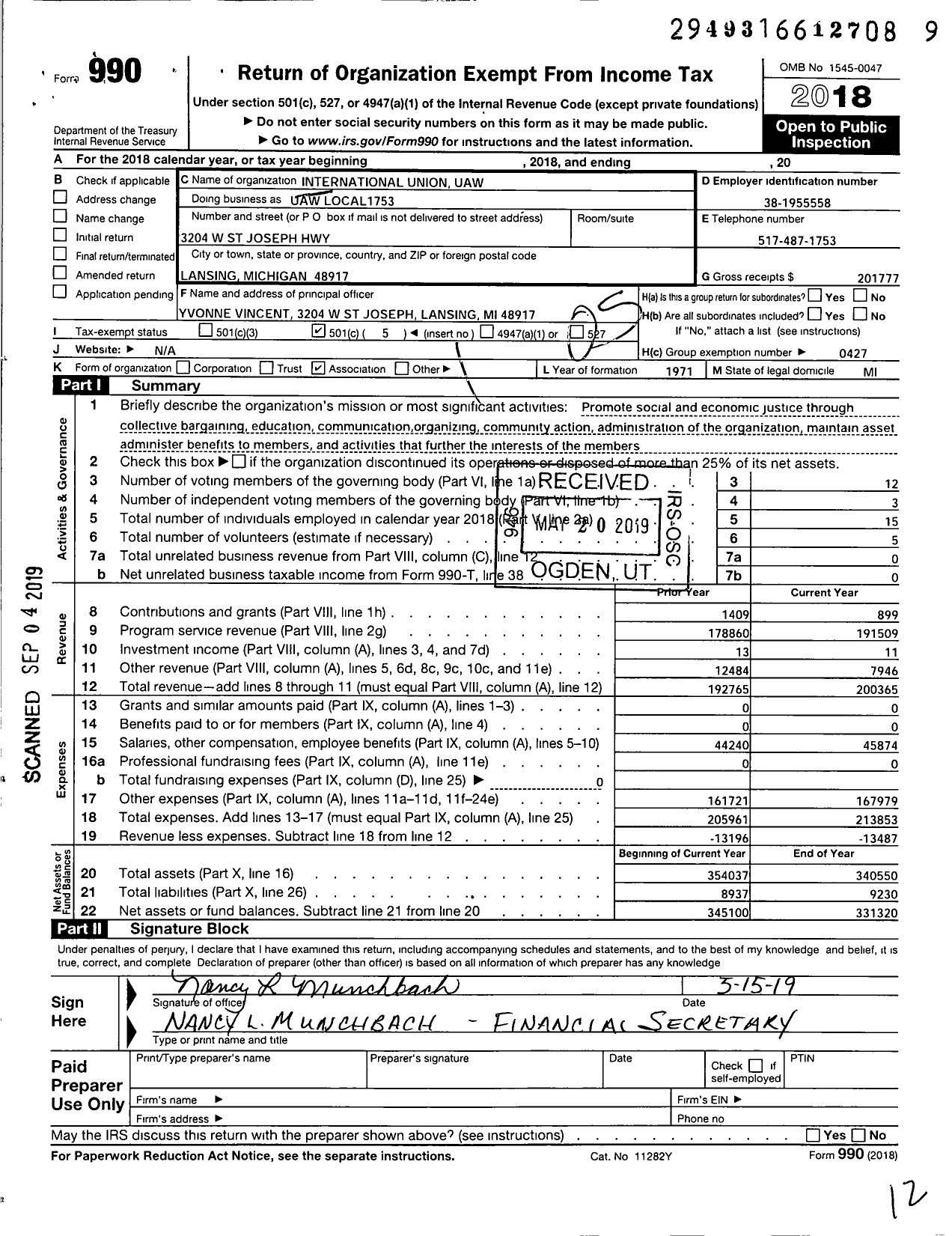 Image of first page of 2018 Form 990O for International Union Uaw Local 1753