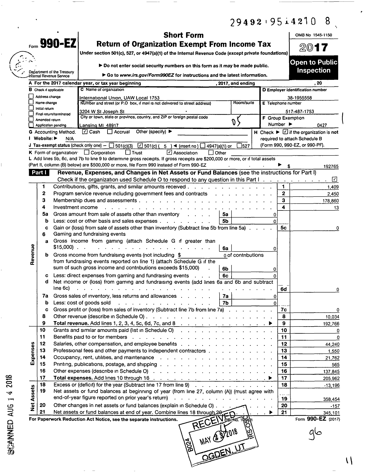 Image of first page of 2017 Form 990EO for International Union Uaw Local 1753