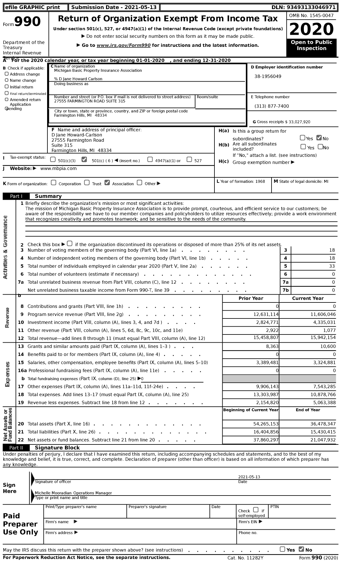 Image of first page of 2020 Form 990 for Michigan Basic Property Insurance Association