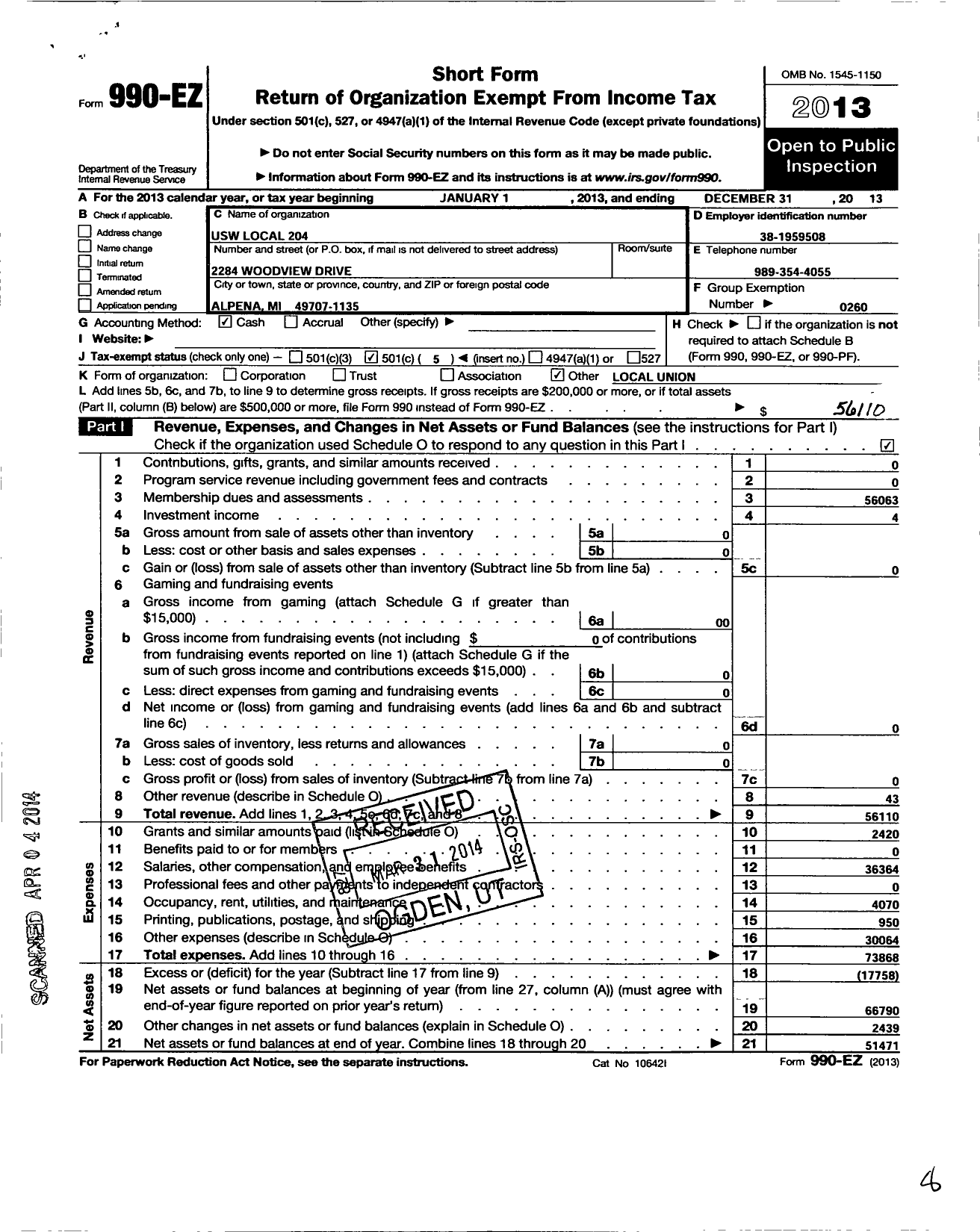 Image of first page of 2013 Form 990EO for United Steelworkers