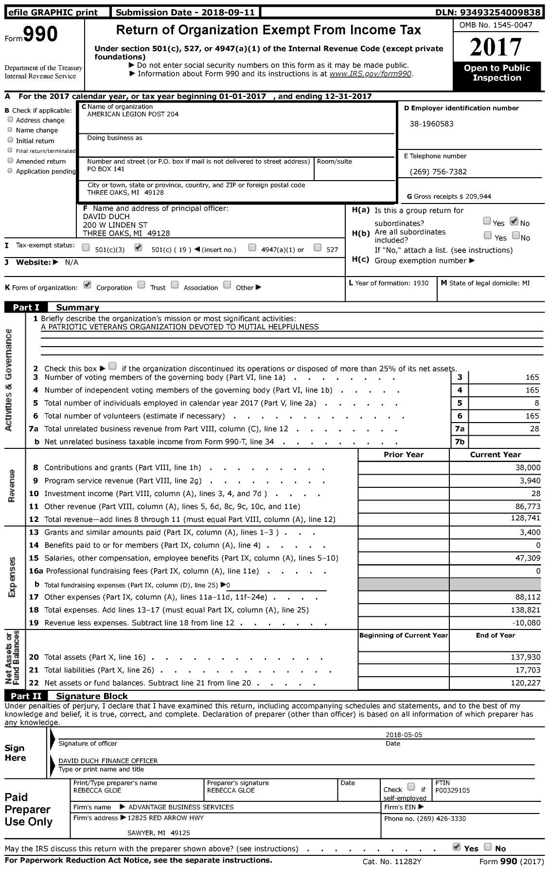 Image of first page of 2017 Form 990 for American Legion - 204 Randall Couchman