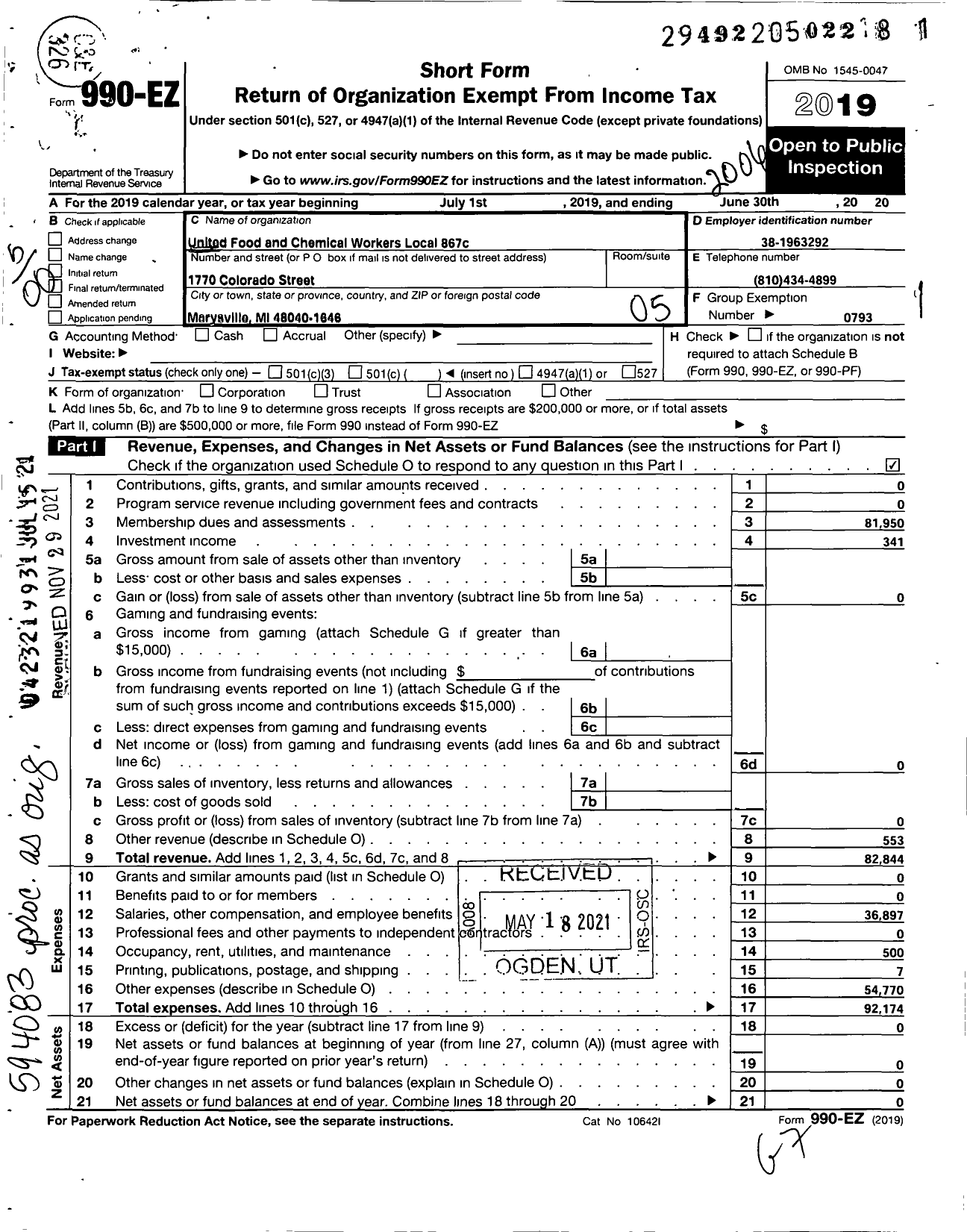 Image of first page of 2019 Form 990EO for United Food & Commercial Workers Union - 867c Local