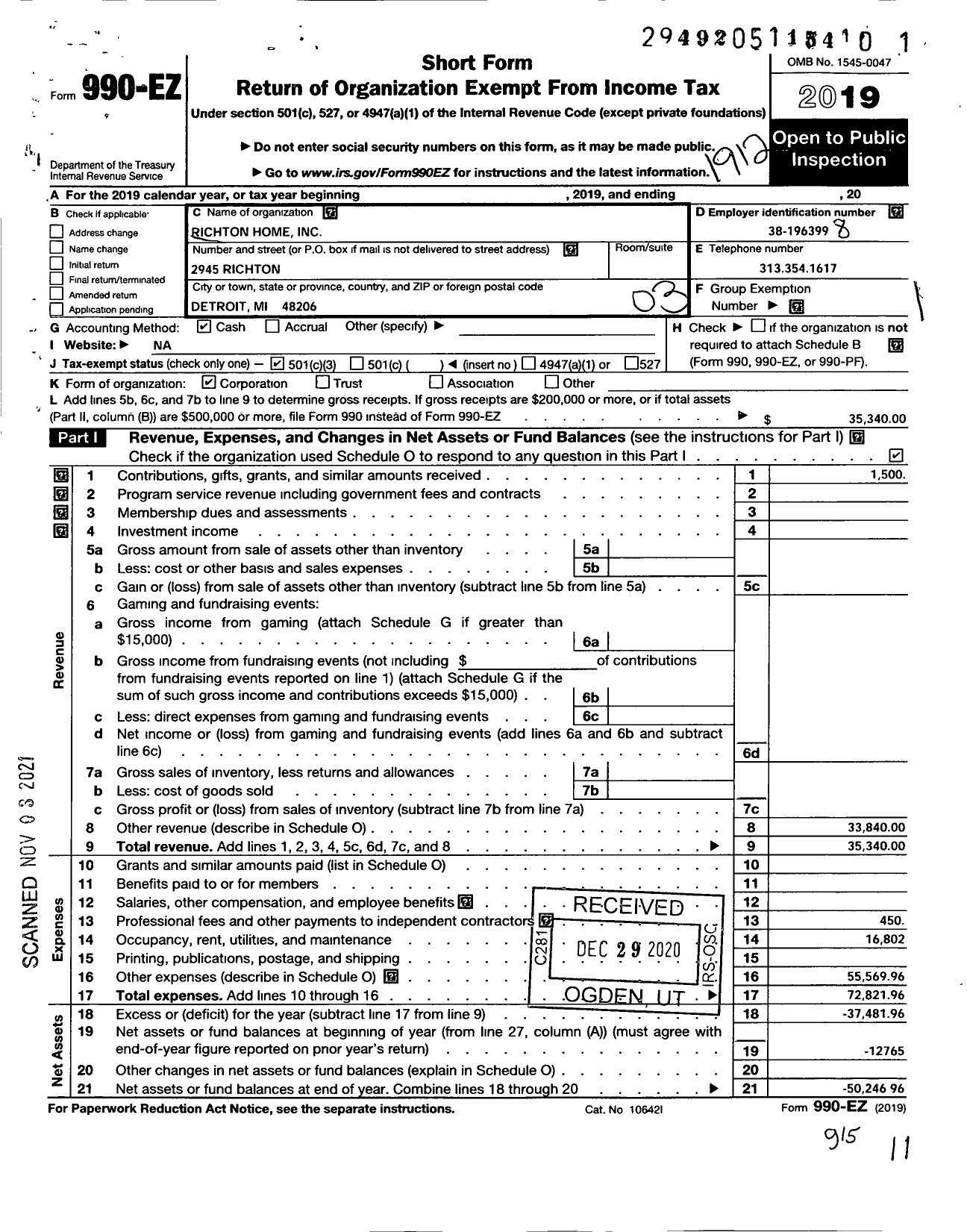 Image of first page of 2019 Form 990EZ for Richton Home