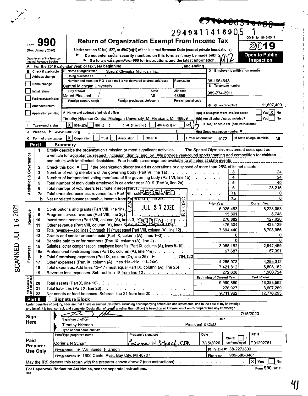 Image of first page of 2019 Form 990 for Special Olympics Michigan (SOMI)