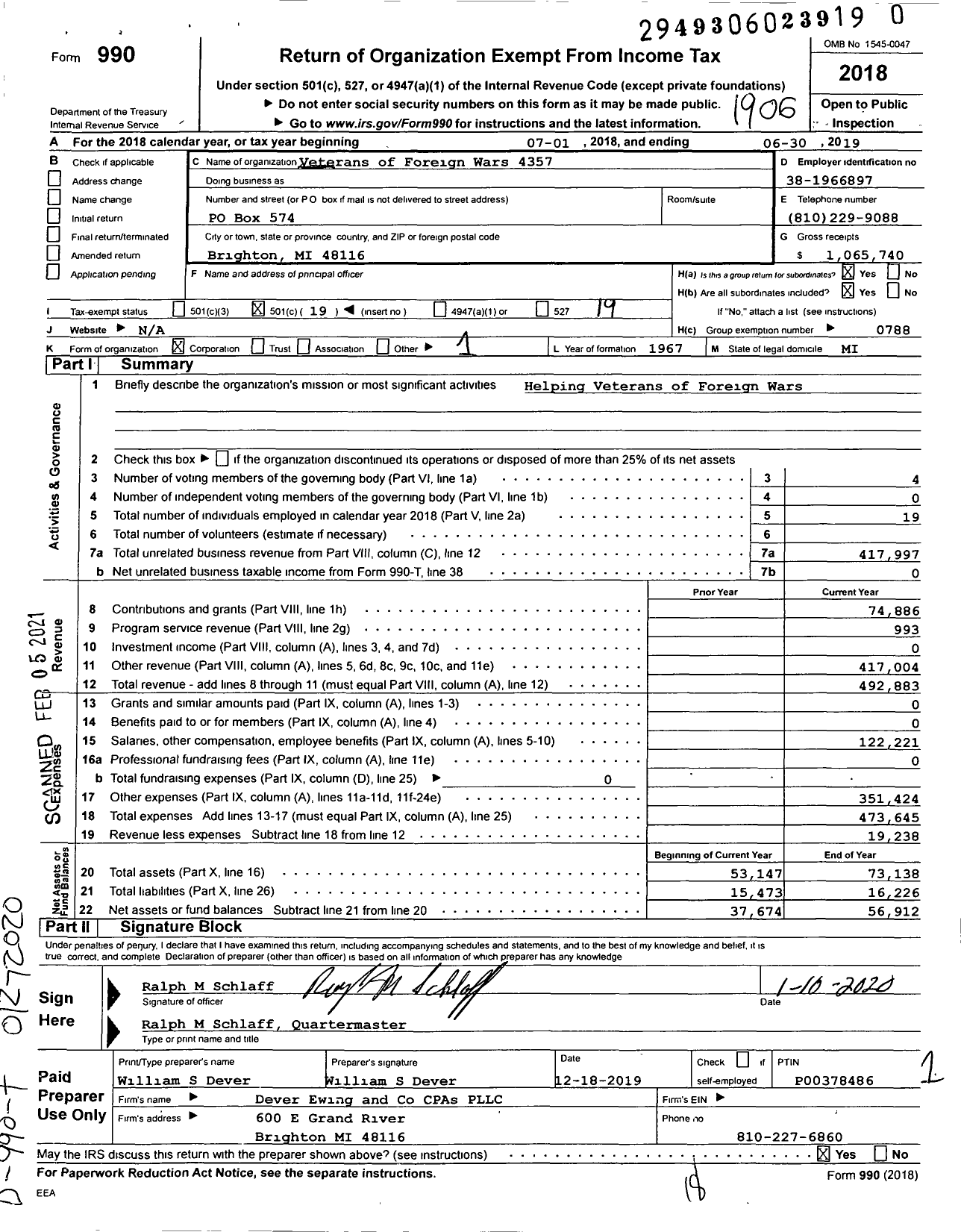 Image of first page of 2018 Form 990O for VFW Department of Michigan - Dist 6 4357 Brighton