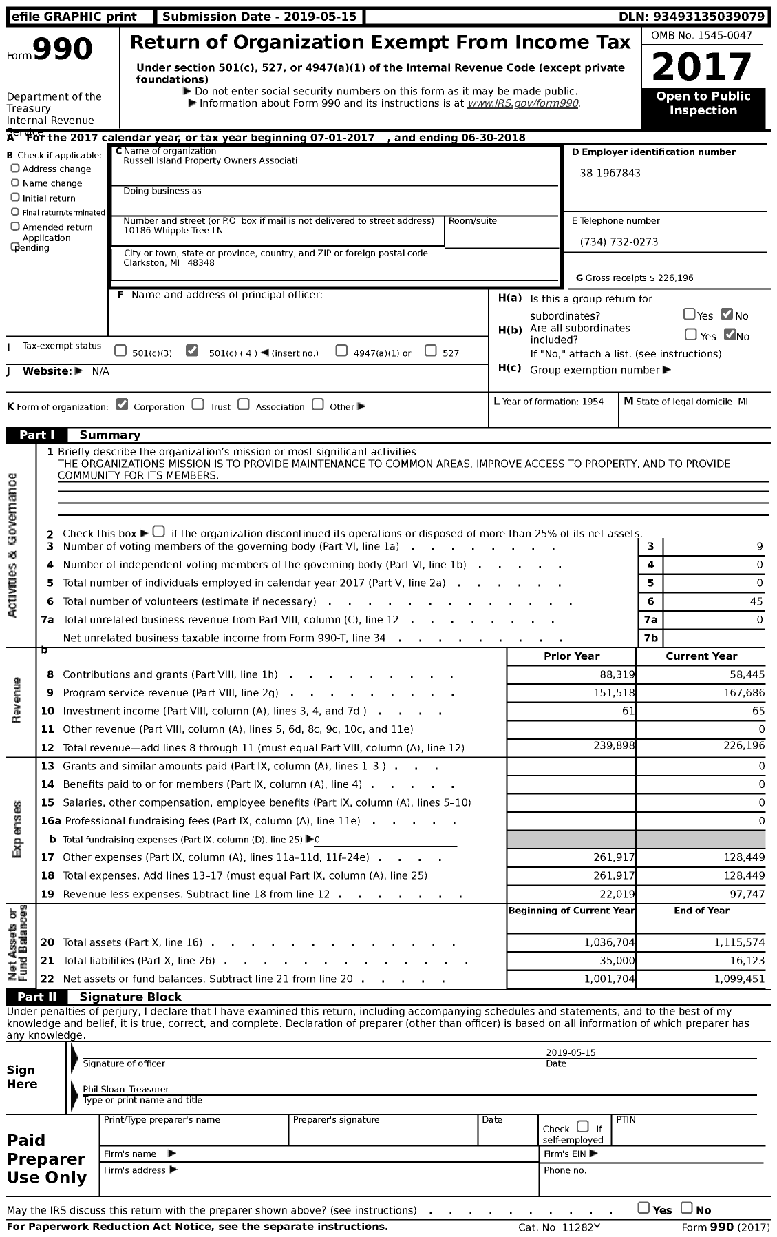 Image of first page of 2017 Form 990 for Russell Island Property Owners Association