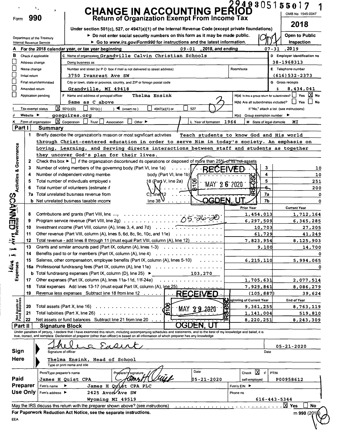 Image of first page of 2018 Form 990 for Grandville Calvin Christian Schools