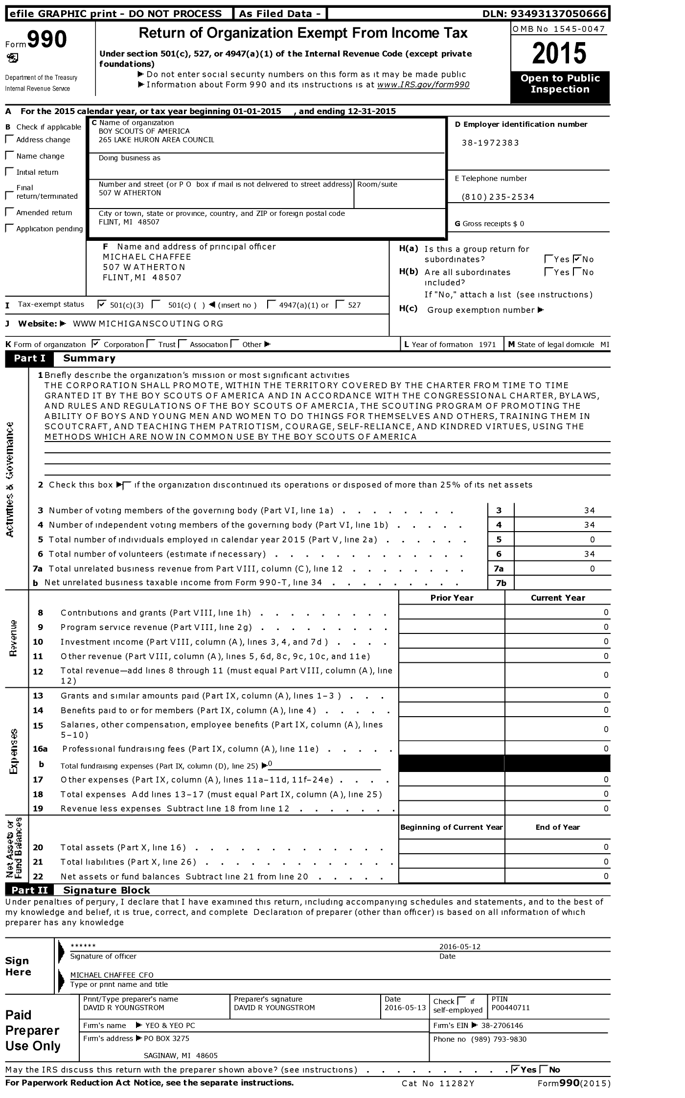 Image of first page of 2015 Form 990 for Boy Scouts of America - 265 Lake Huron Area Council