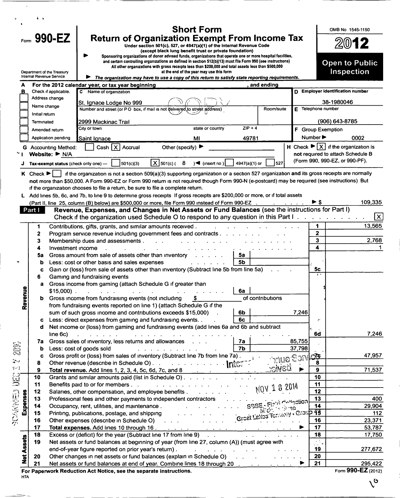 Image of first page of 2012 Form 990EO for Loyal Order of Moose - 999