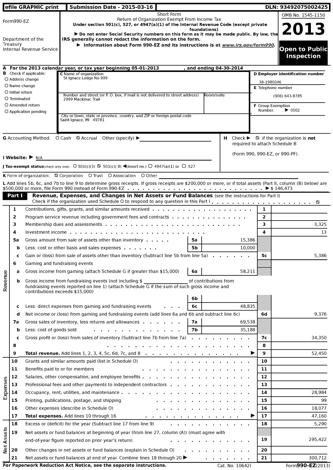 Image of first page of 2013 Form 990EZ for Loyal Order of Moose - 999