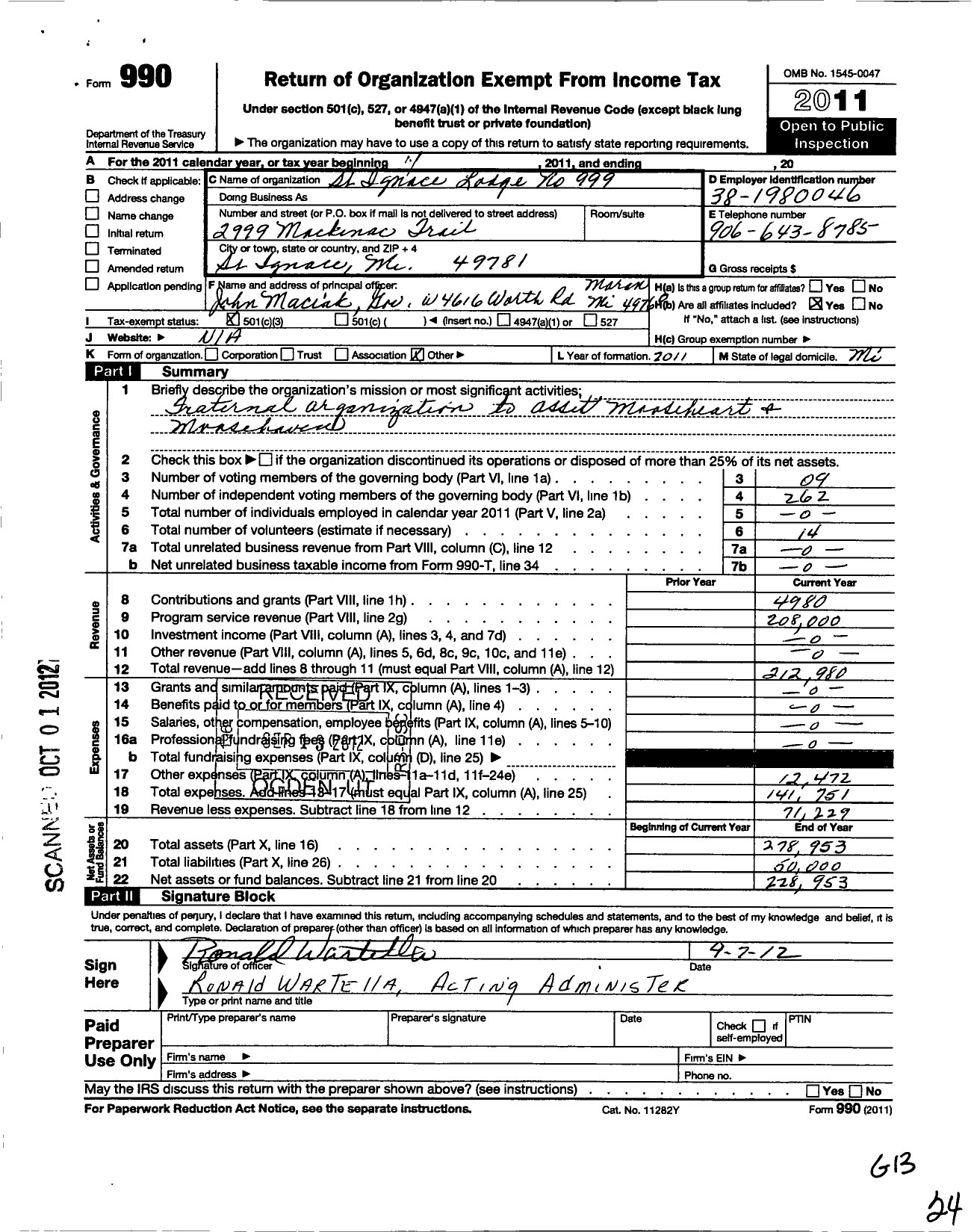 Image of first page of 2011 Form 990 for Loyal Order of Moose - 999