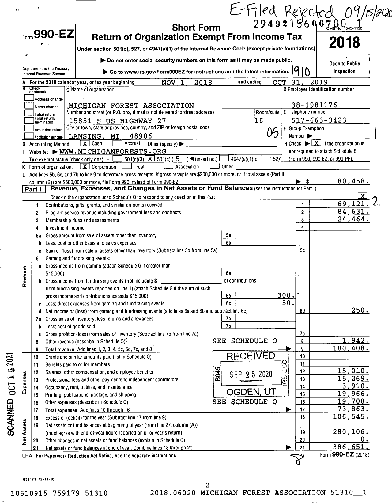 Image of first page of 2018 Form 990EO for Michigan Forest Association