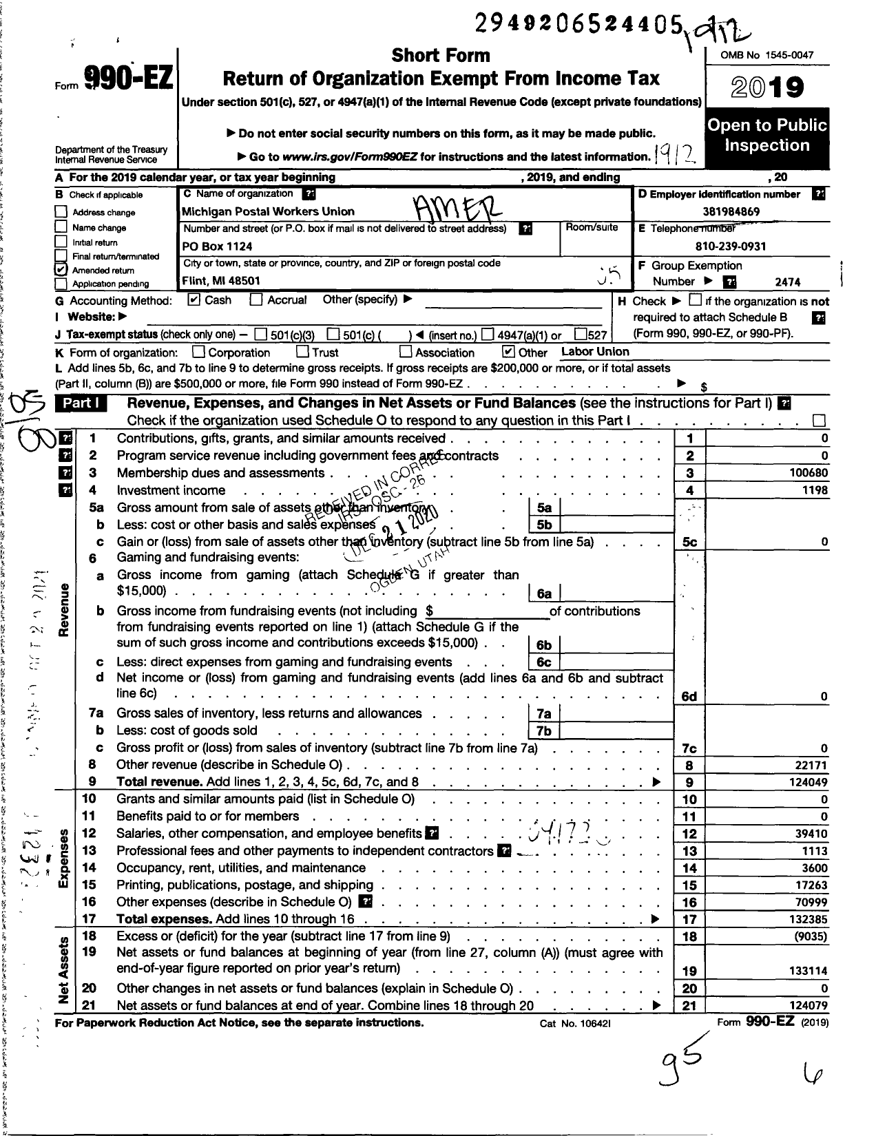 Image of first page of 2019 Form 990EO for American Postal Workers Union - Michigan Postal Workers Union