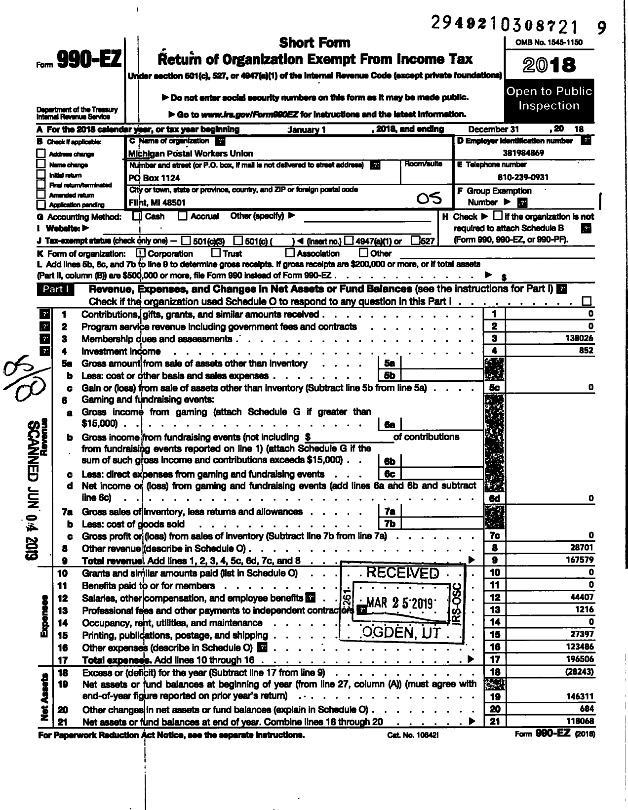 Image of first page of 2018 Form 990EO for American Postal Workers Union - Michigan Postal Workers Union