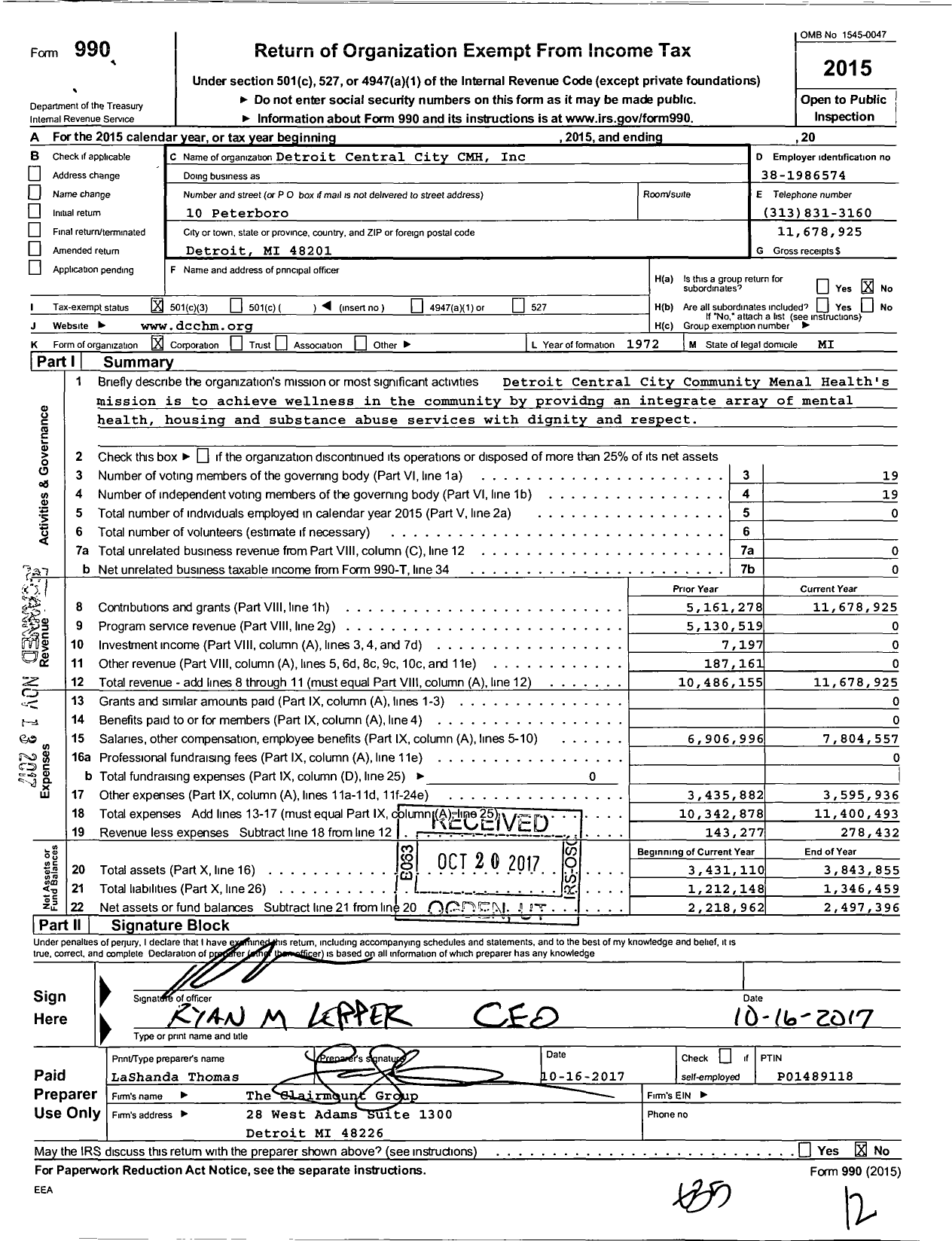 Image of first page of 2015 Form 990 for Central City Integrated Health