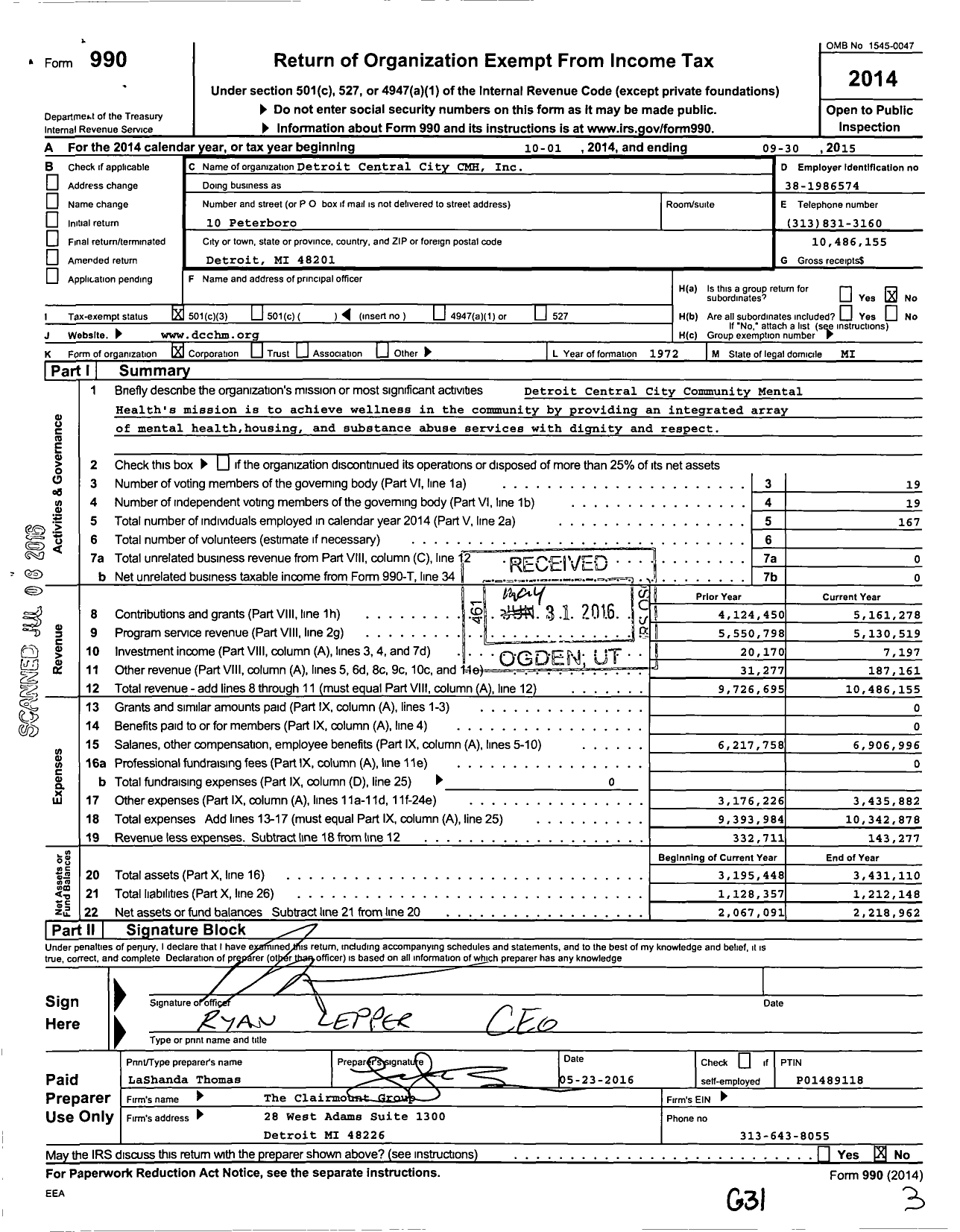 Image of first page of 2014 Form 990 for Central City Integrated Health