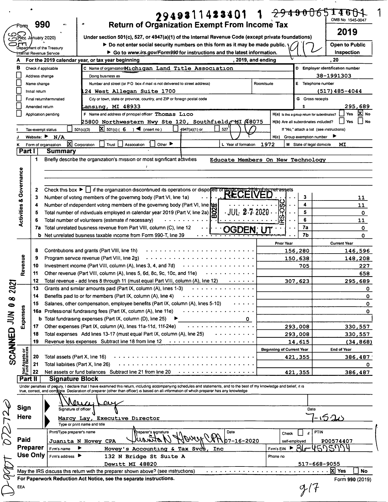 Image of first page of 2019 Form 990O for Michigan Land Title Association