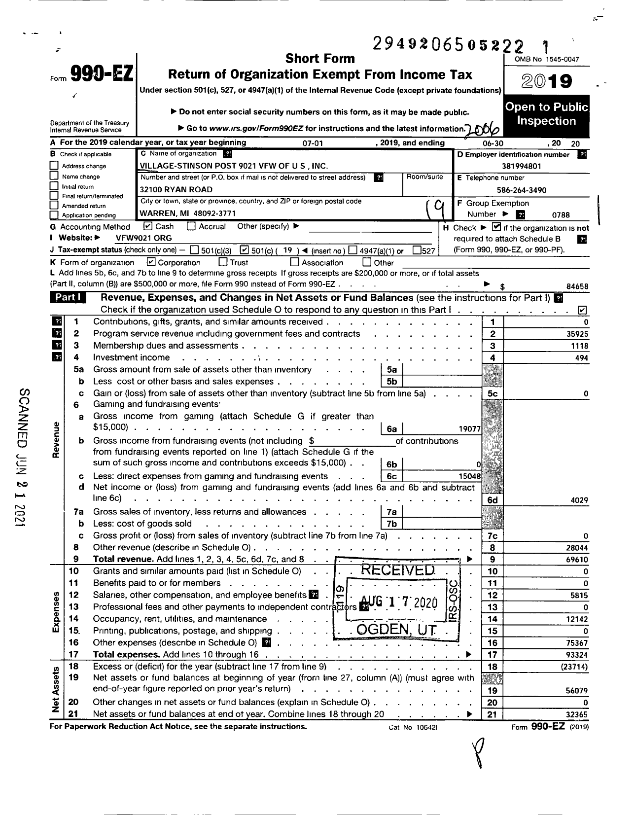 Image of first page of 2019 Form 990EO for VFW Department of Michigan - Dist 5 9021 Village Stinson