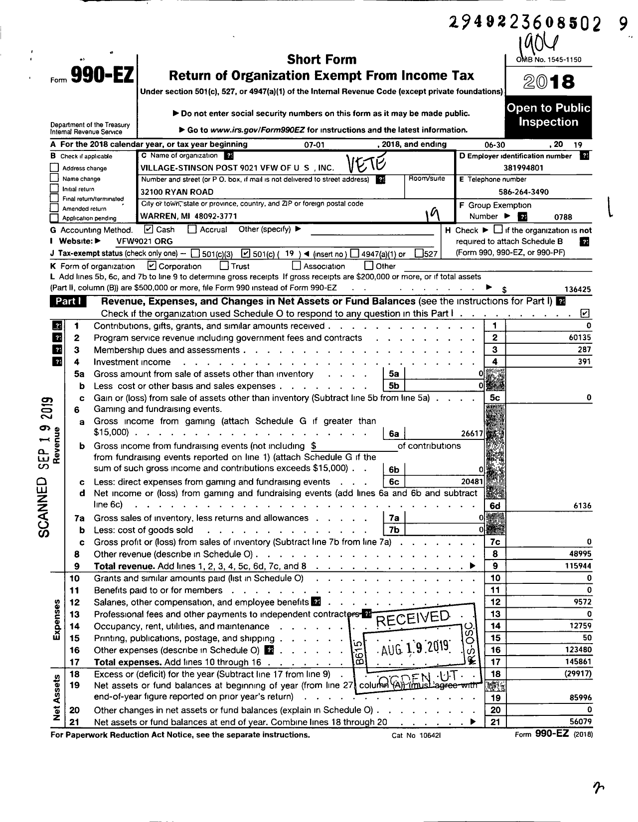 Image of first page of 2018 Form 990EO for VFW Department of Michigan - Dist 5 9021 Village Stinson