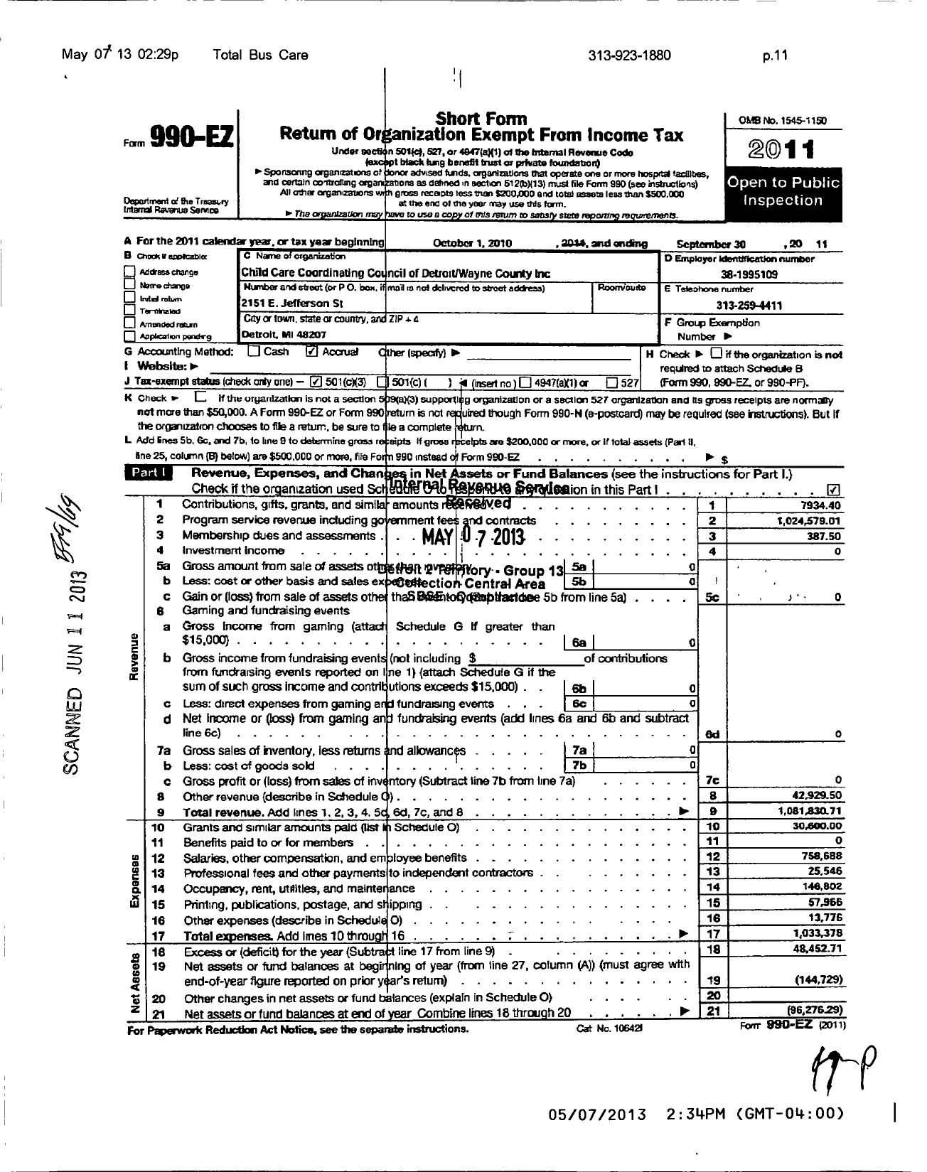 Image of first page of 2010 Form 990EZ for Child Care Coordinating Council of Detroit Wayne County