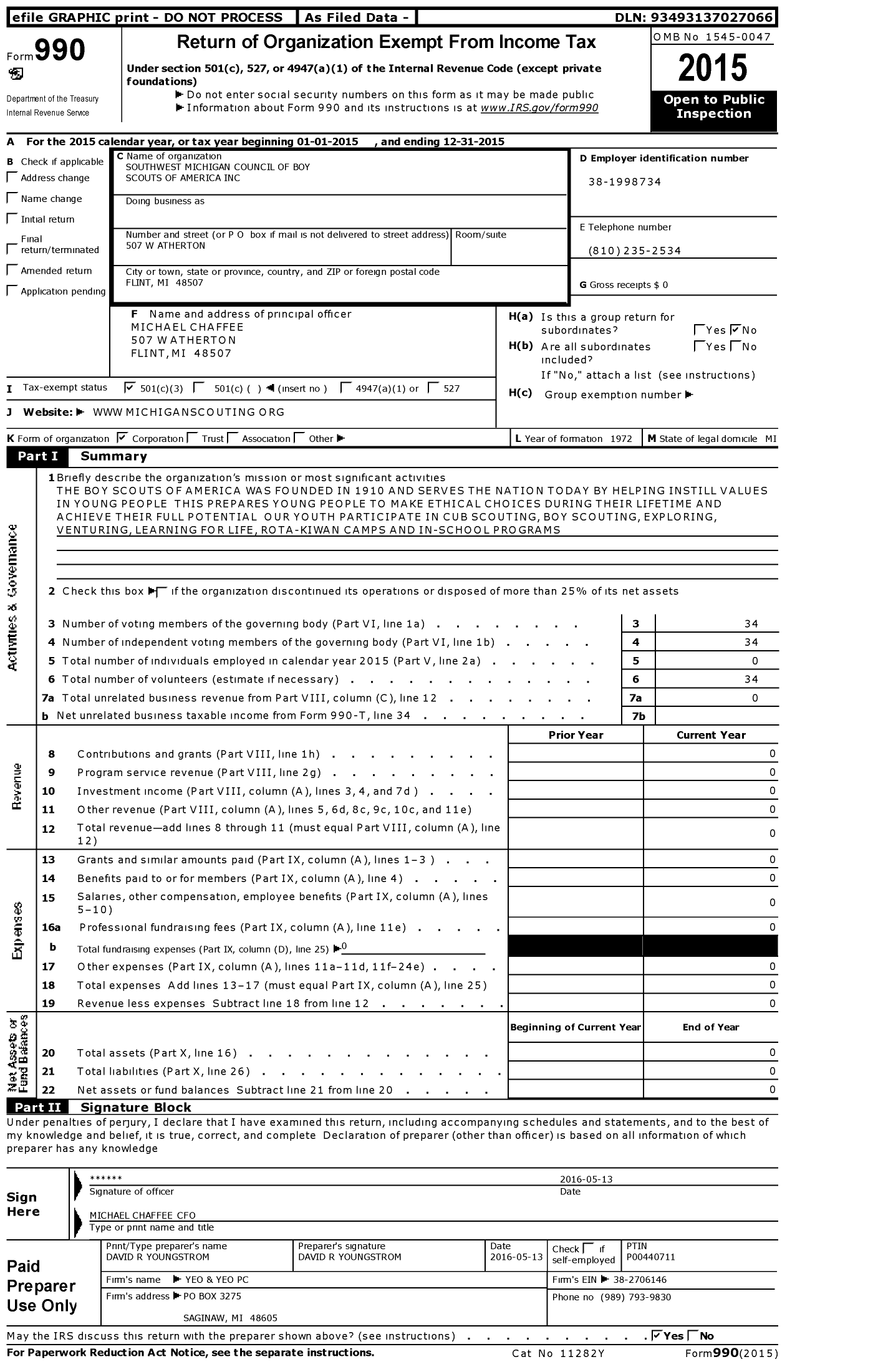 Image of first page of 2015 Form 990 for Boy Scouts of America - 270 Southwest Michigan