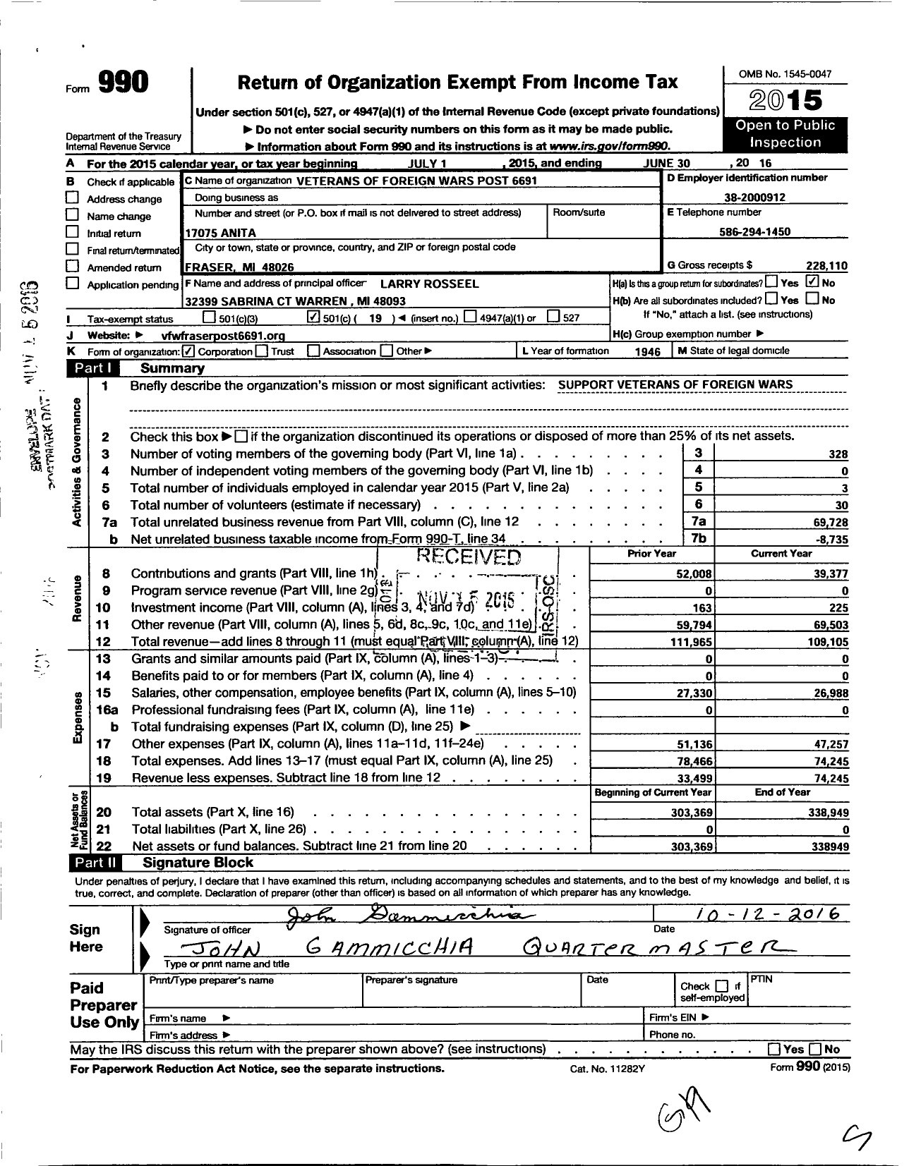 Image of first page of 2015 Form 990O for VFW Department of Michigan - Dist 5 6691 Fraser