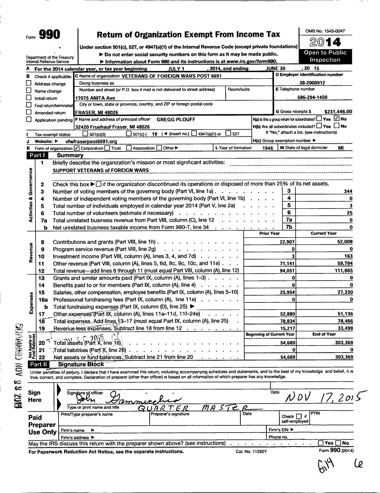 Image of first page of 2014 Form 990O for VFW Department of Michigan - Dist 5 6691 Fraser