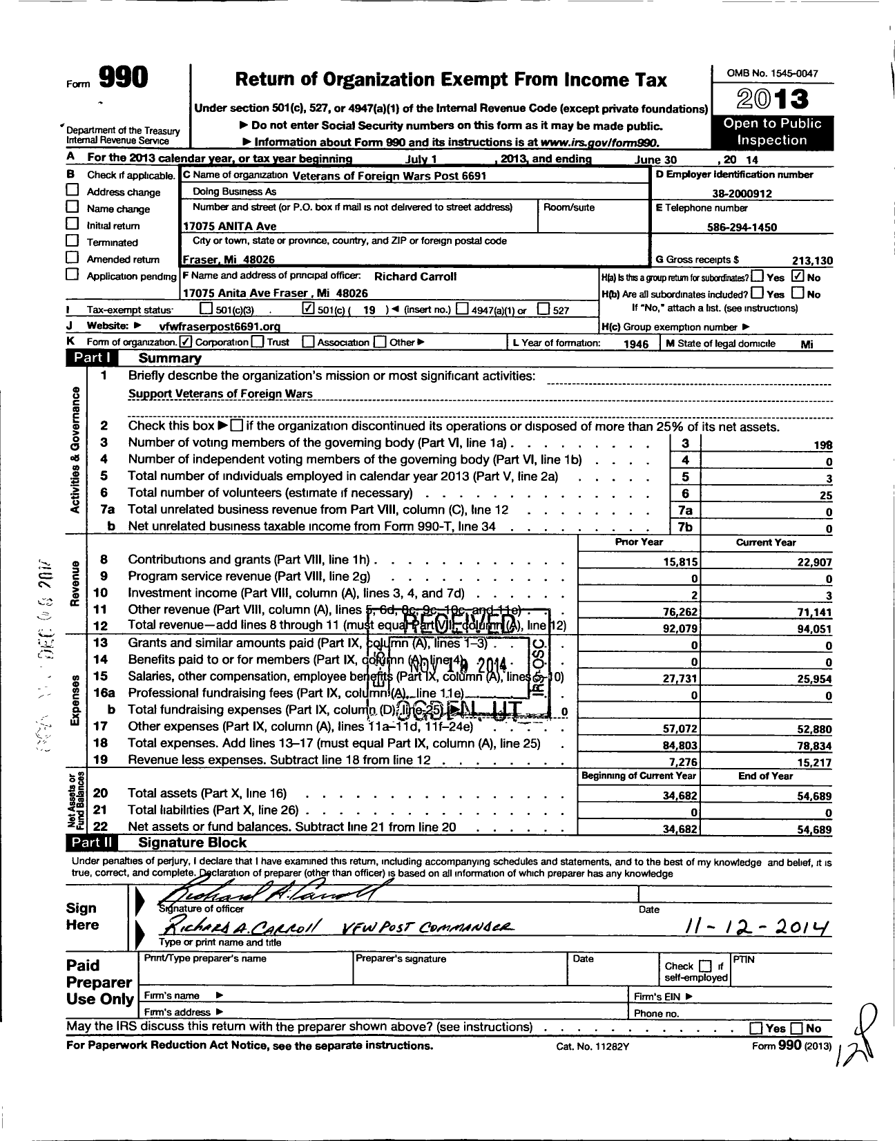 Image of first page of 2013 Form 990O for VFW Department of Michigan - Dist 5 6691 Fraser