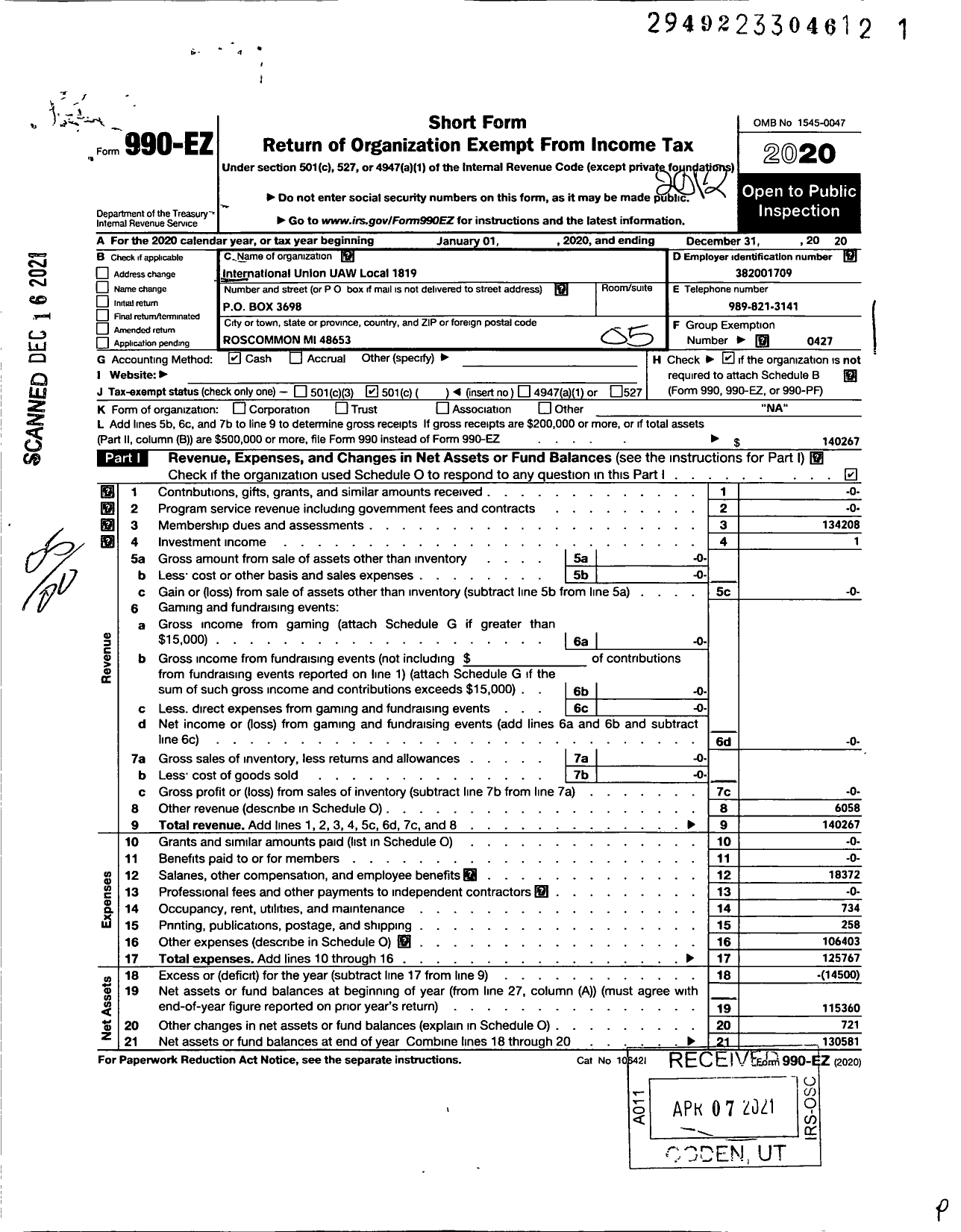 Image of first page of 2020 Form 990EO for International Union Uaw Local 1819