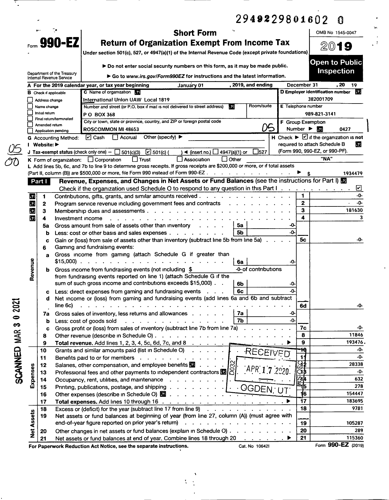 Image of first page of 2019 Form 990EO for International Union Uaw Local 1819