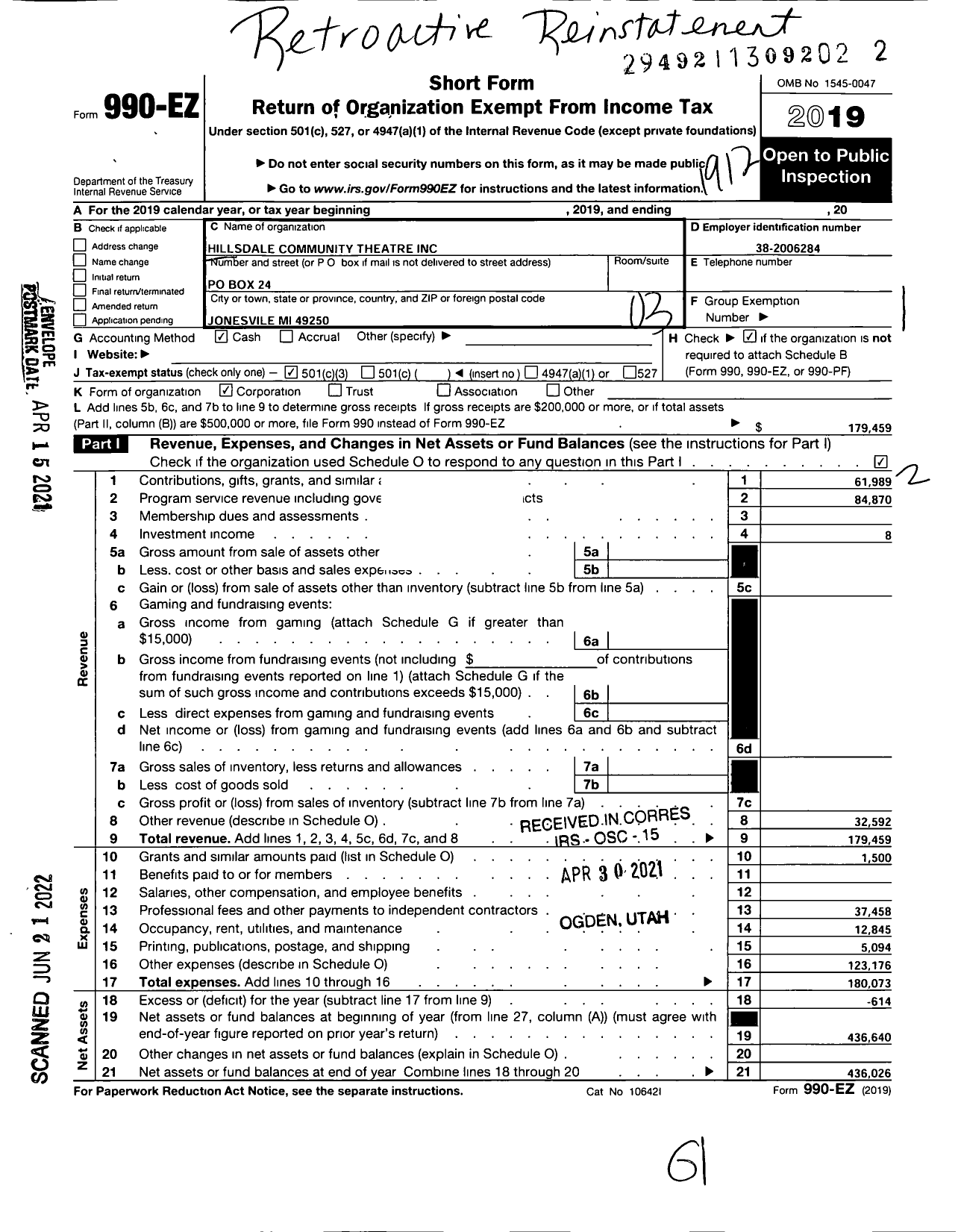 Image of first page of 2019 Form 990EZ for Hillsdale Community Theatre